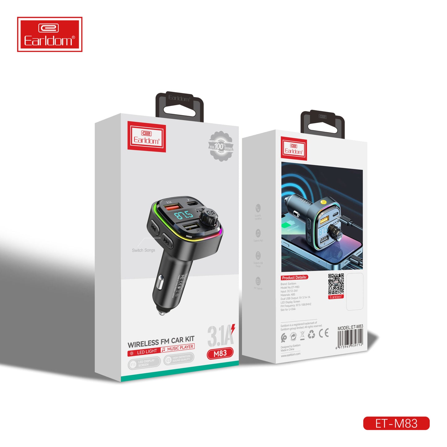 Kit mains libres FM sans fil Earldom 3.1A Noir M83