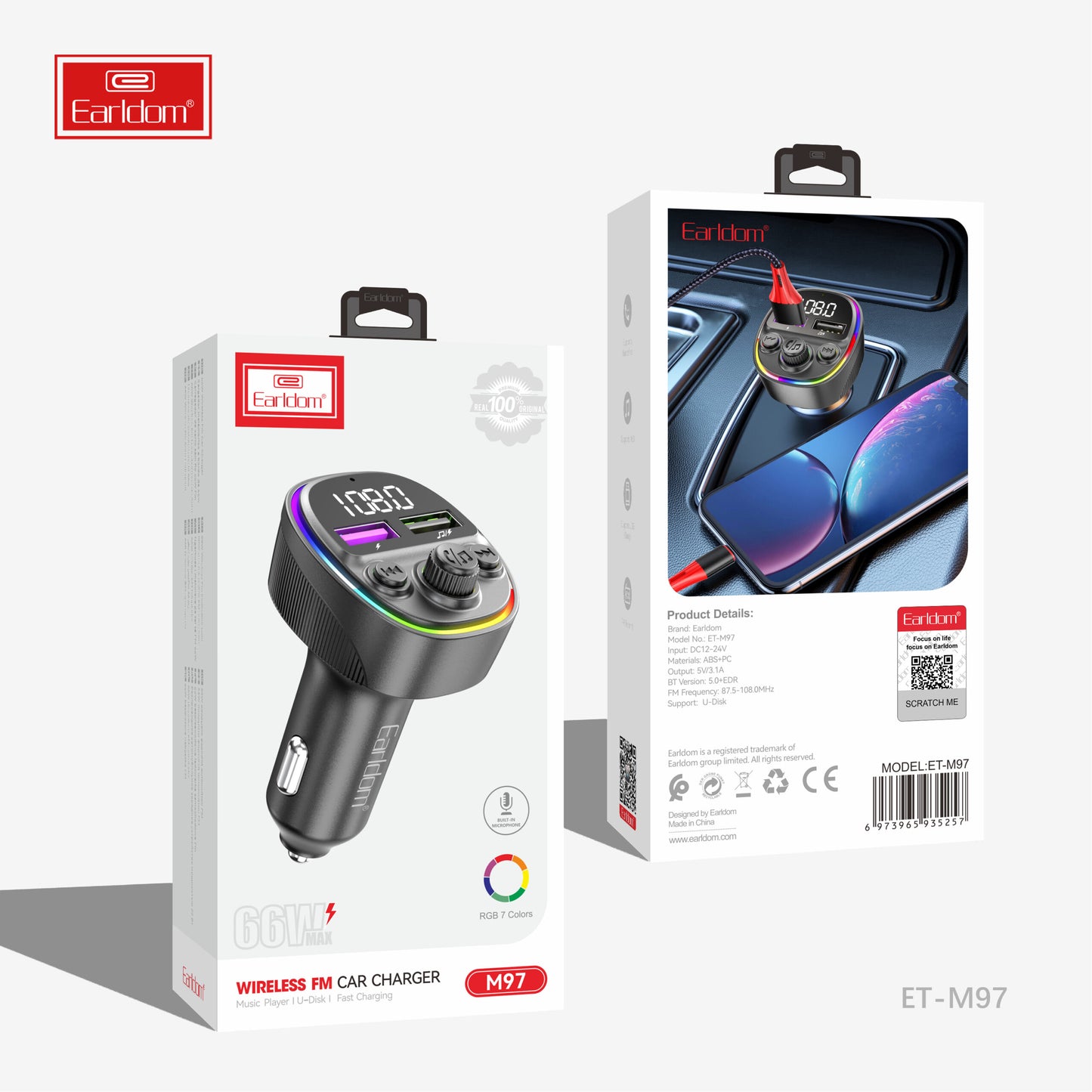 Chargeur de voiture sans fil FM Earldom 66W max Noir M97