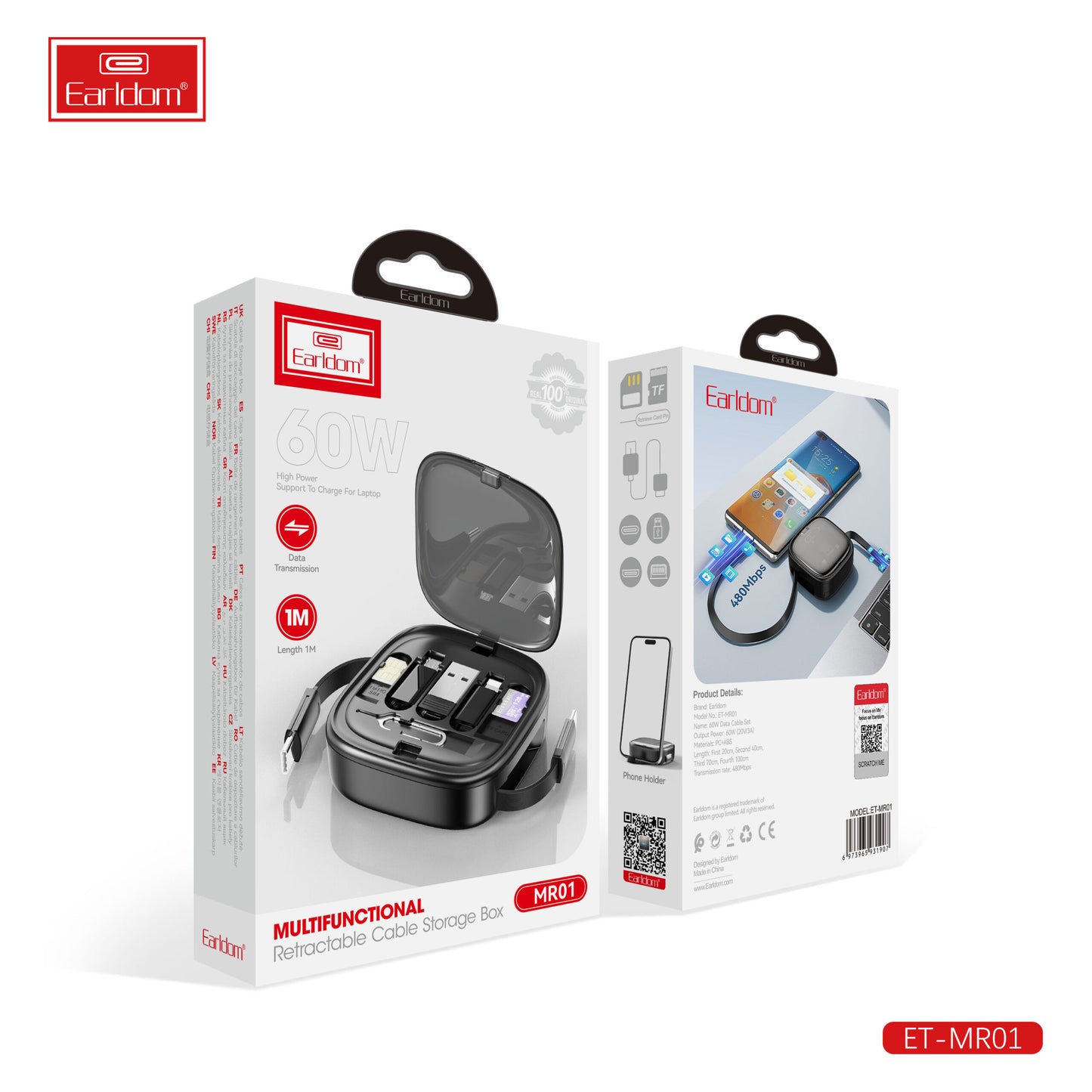 Boîte de rangement de câble rétractable multifonctionnelle Earldom 60W Noire MR01