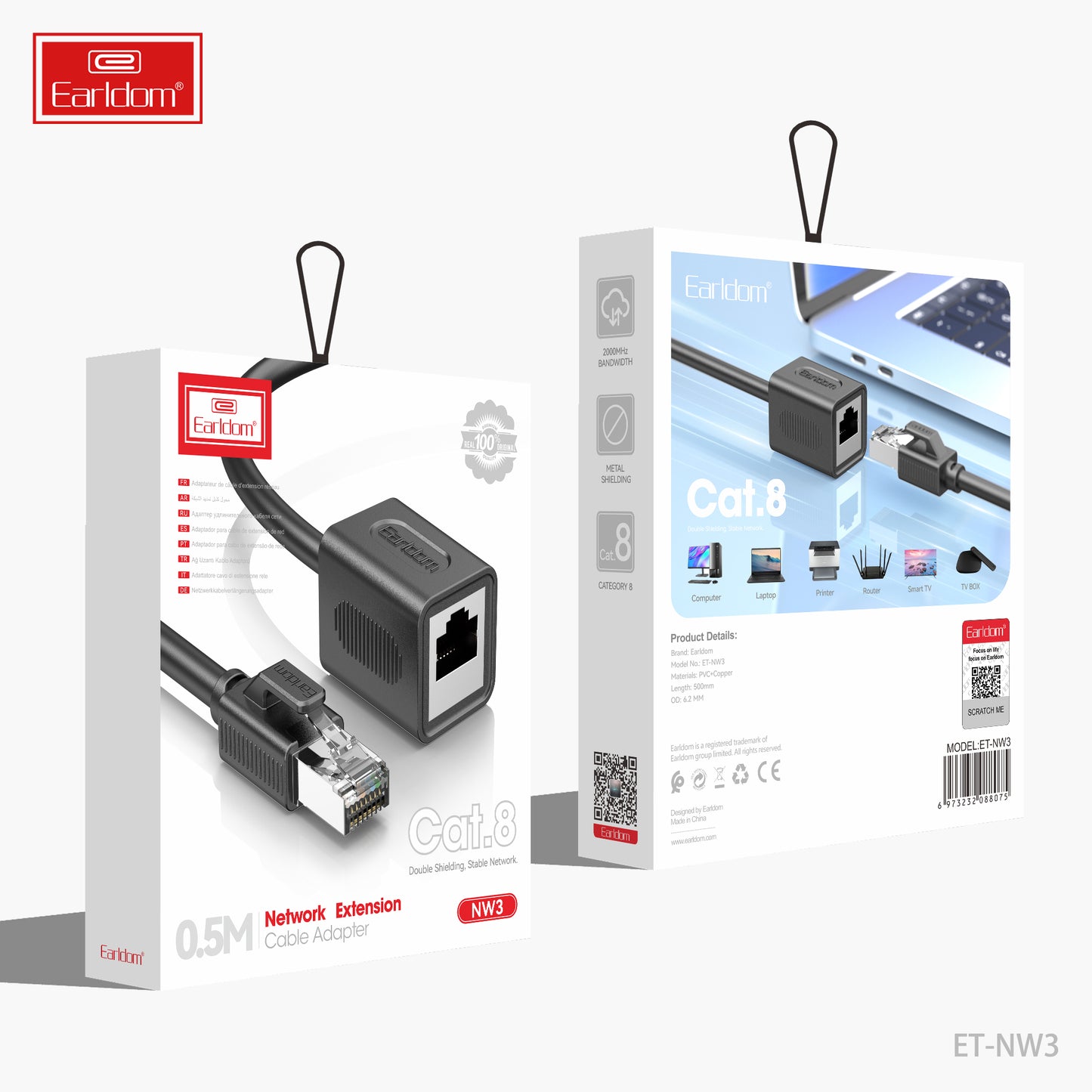 Adaptateur de câble d'extension réseau Earldom 5M Cat.8 Noir NW3 5M