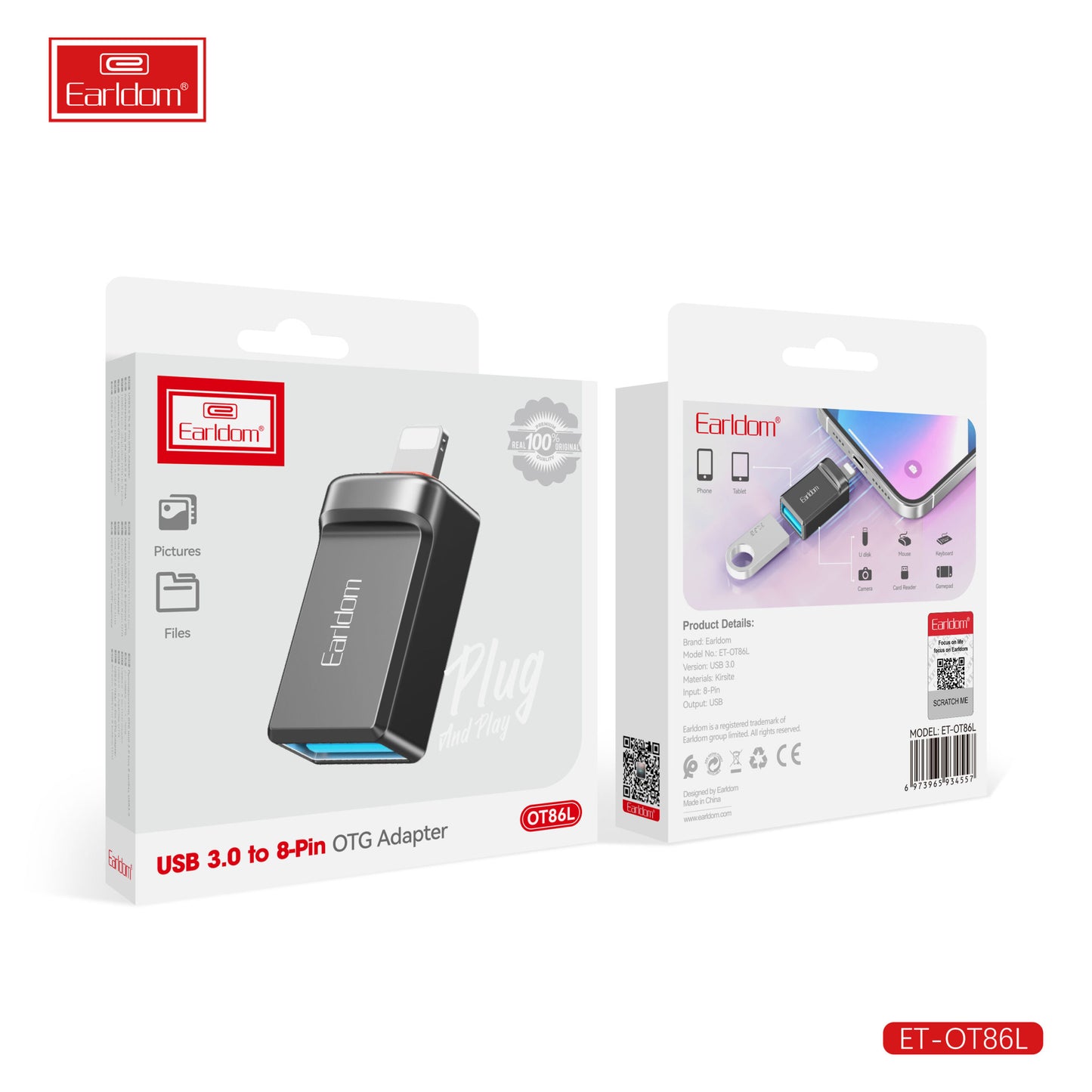 Adaptateur Earldom USB 3.0 vers OTG 8 broches Noir OT86L