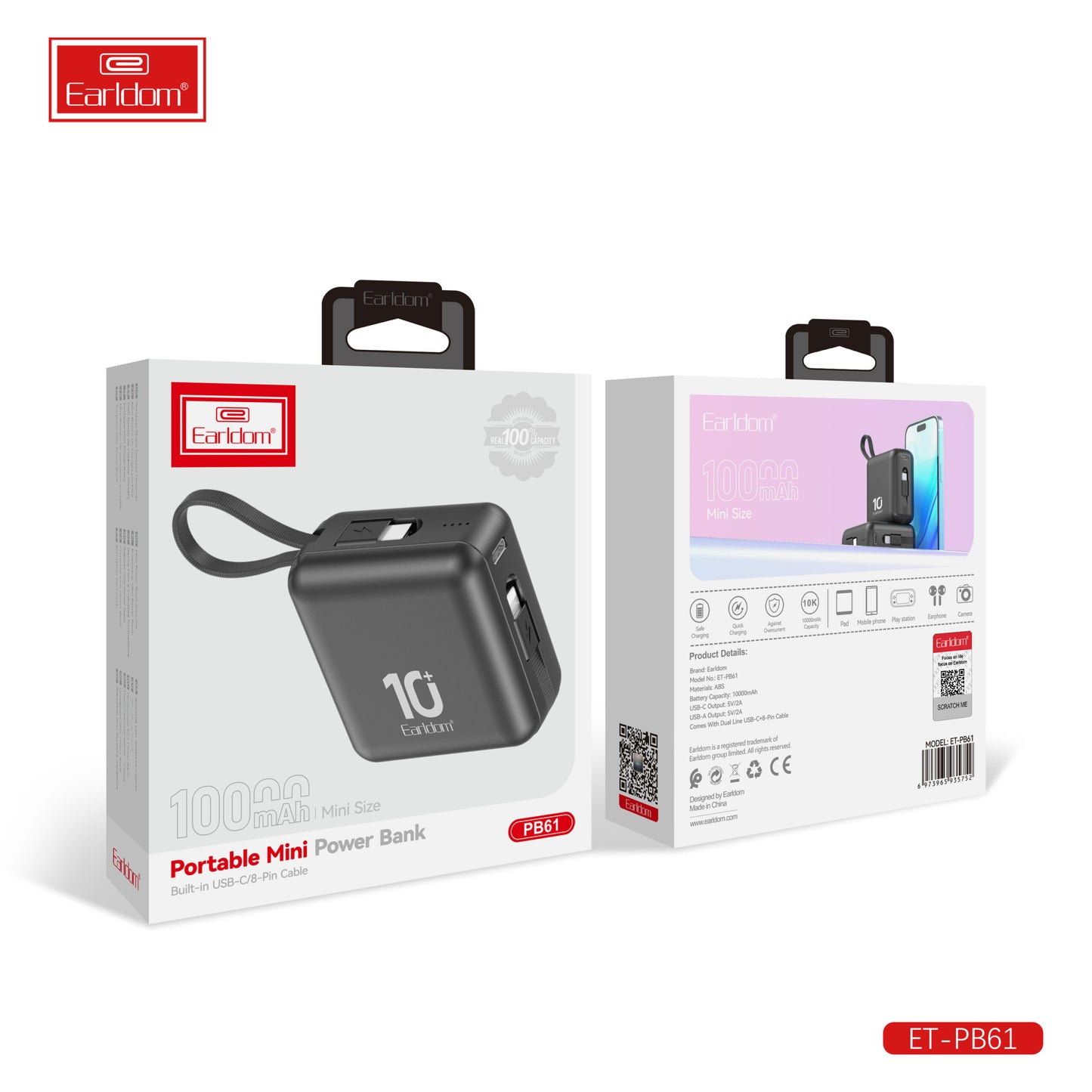 Batterie externe portable Earldom Mini, noire, 10 000 mAh, câble USB-C/8 broches, PB61