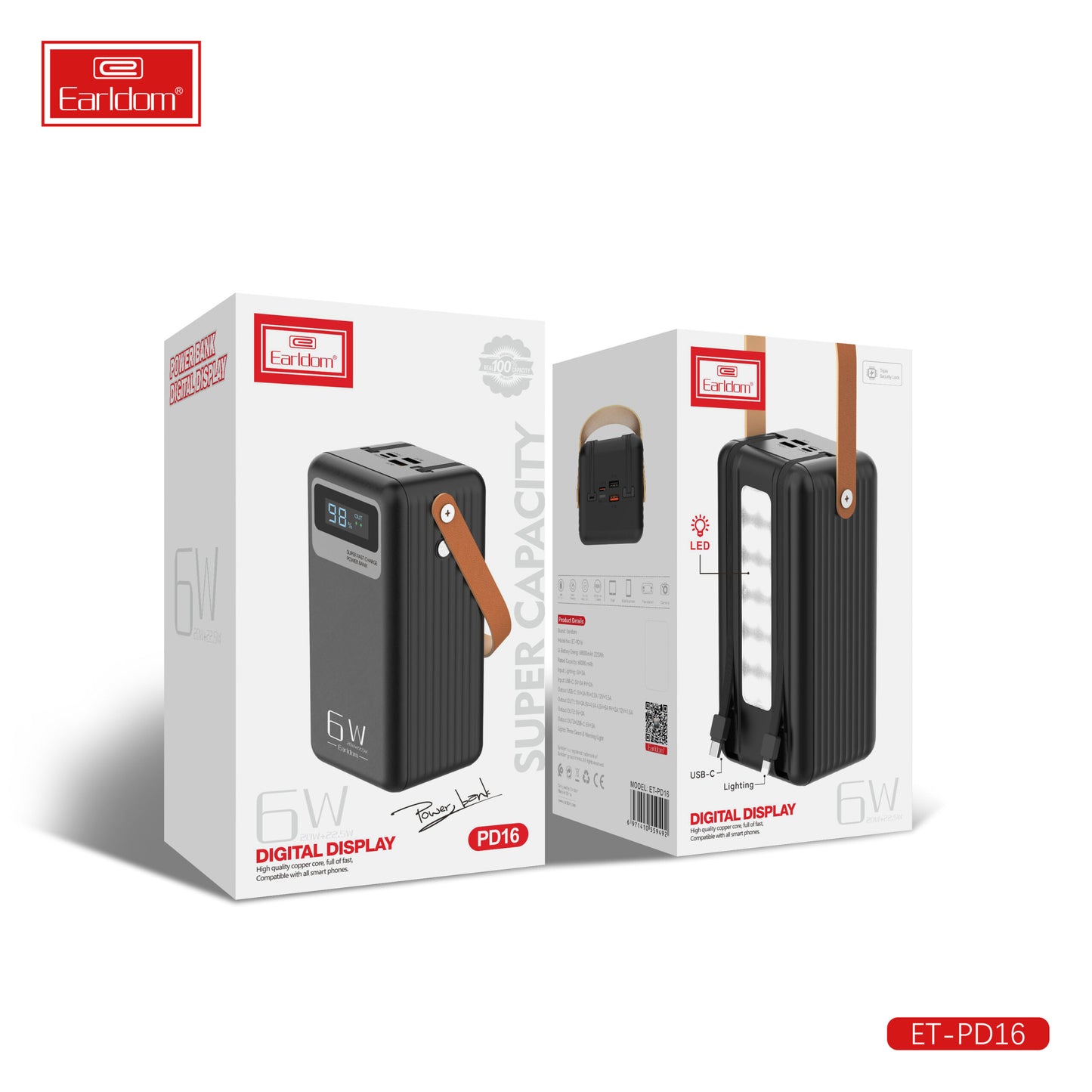 Batterie externe Earldom 6W avec affichage numérique, noire PD16