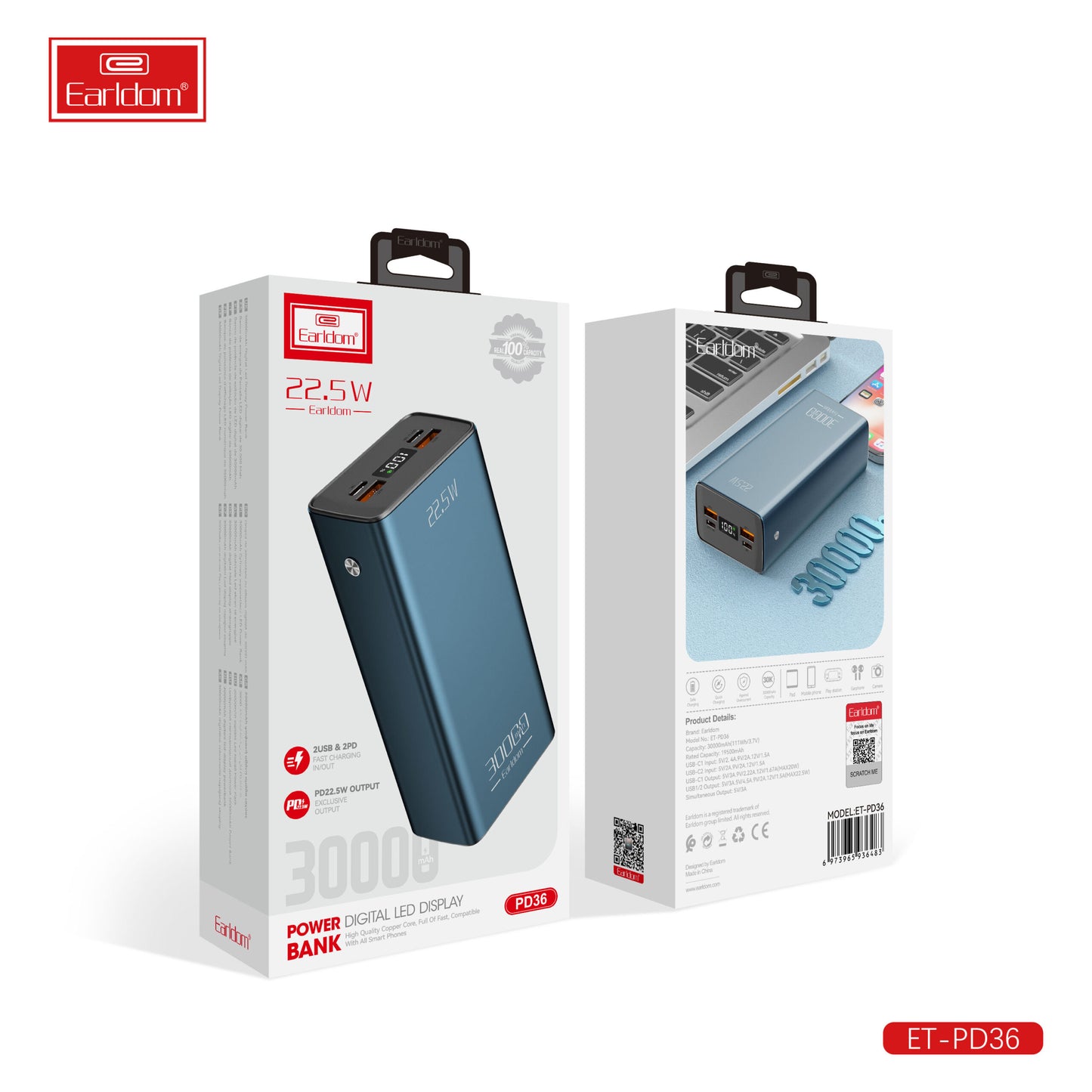 Batterie externe Earldom Power Bank avec affichage LED numérique bleu PD36