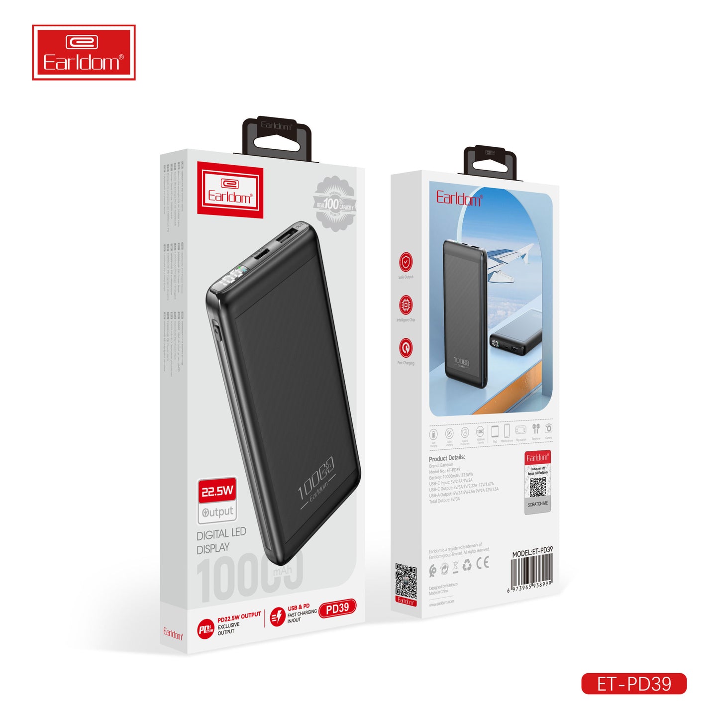 Batterie externe Earldom avec affichage LED numérique 10 000 mAh, noire PD39