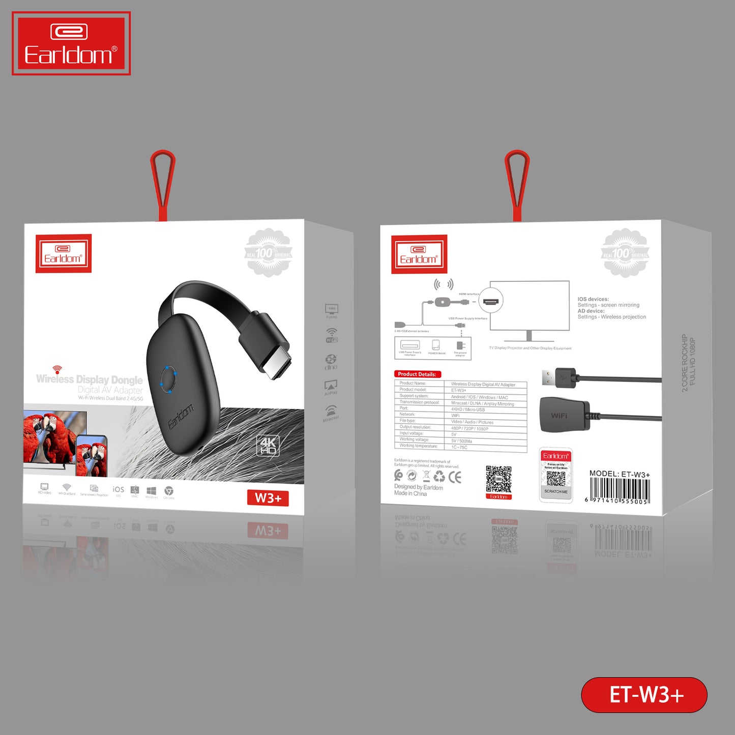 Adaptateur numérique Earldom Wireless Display Dongle Noir W3+