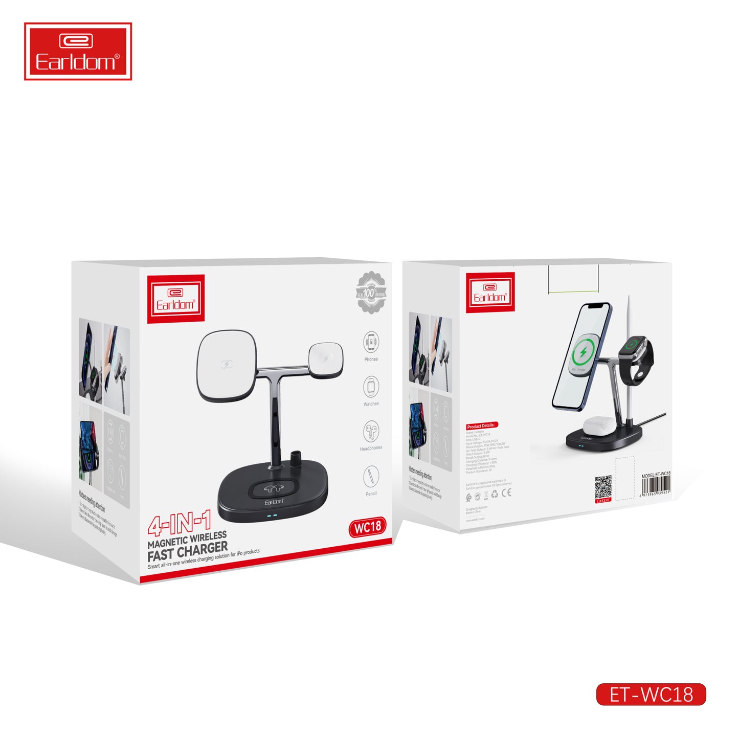 Chargeur rapide magnétique sans fil 4 en 1 Earldom Noir WC18