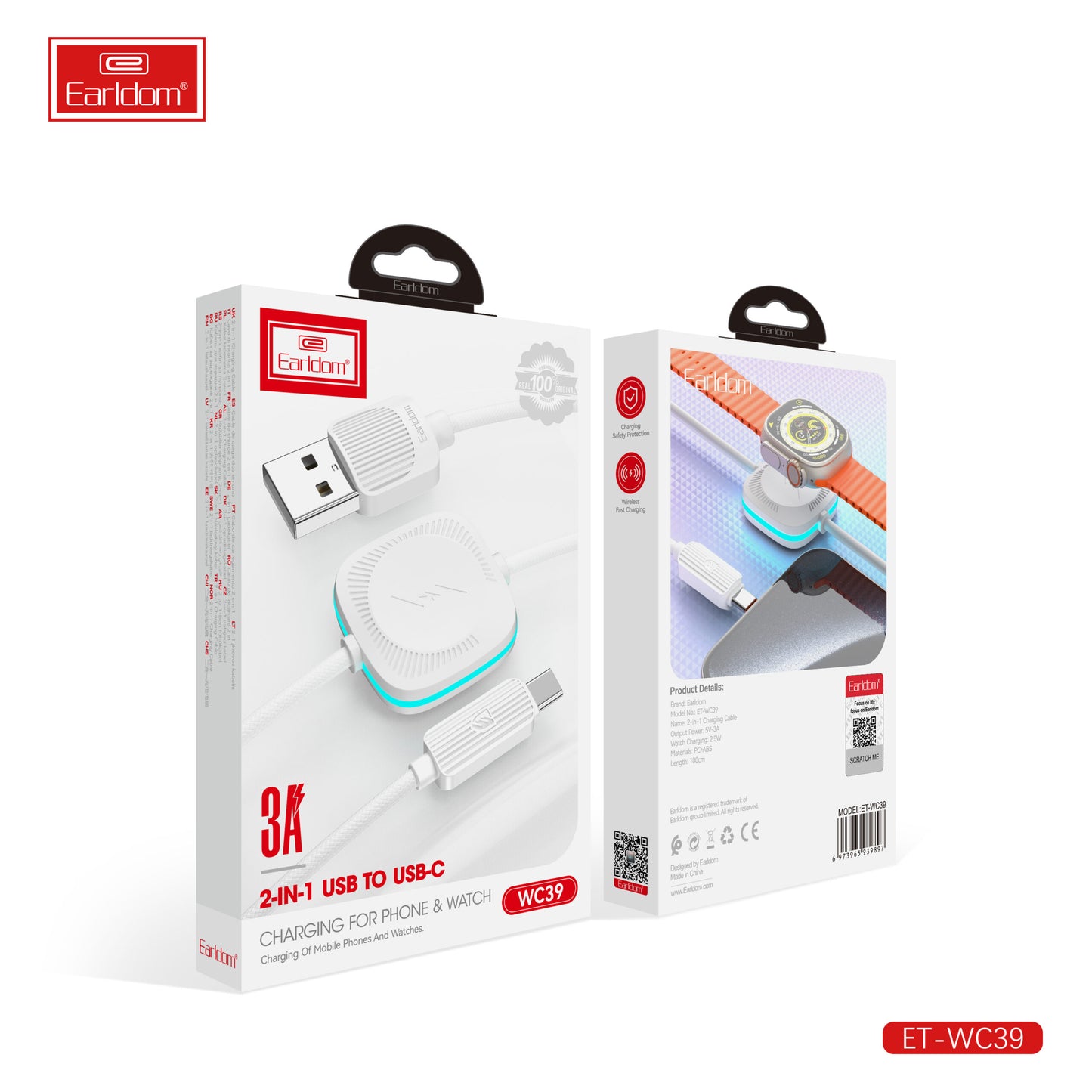 Chargeur Earldom 2-en-1 USB vers USB-C 3A pour téléphone et montre, blanc WC39