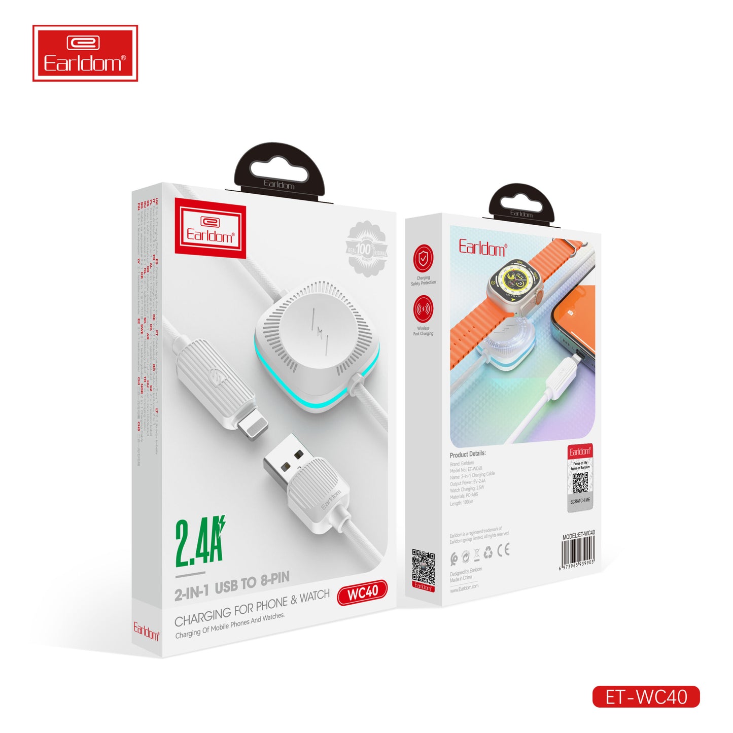 Chargeur Earldom 2-en-1 USB vers 8 broches 2,4 A pour téléphone et montre, blanc WC42