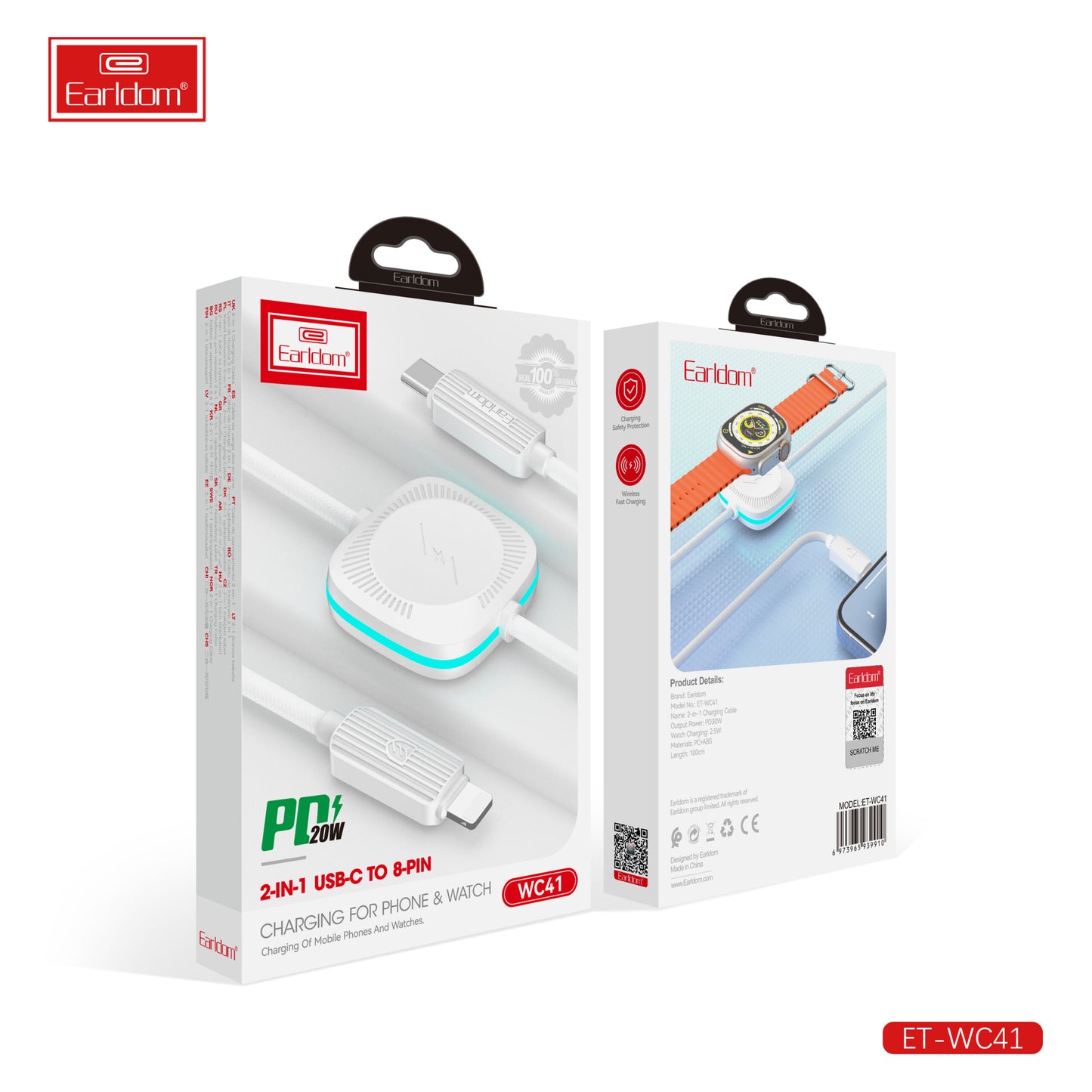 Chargeur Earldom 2-en-1 USB-C vers 8 broches pour téléphone et montre, blanc WC41