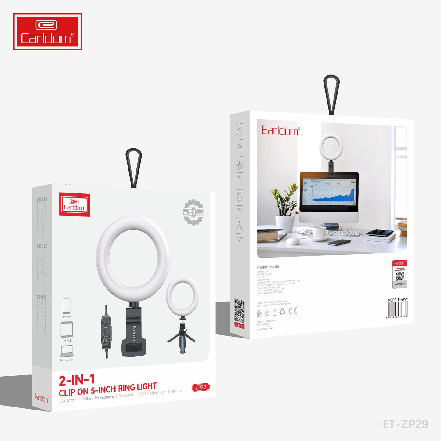 Earldom Clip on 5 inch Ring Light Black ET-ZP29