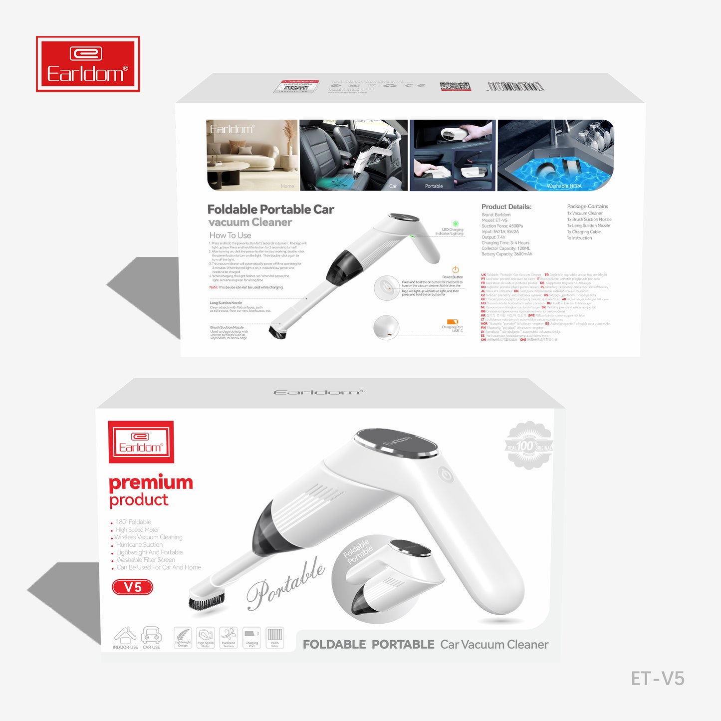 Earldom Foldable Portable car Vacuum Cleaner White ET-V5
