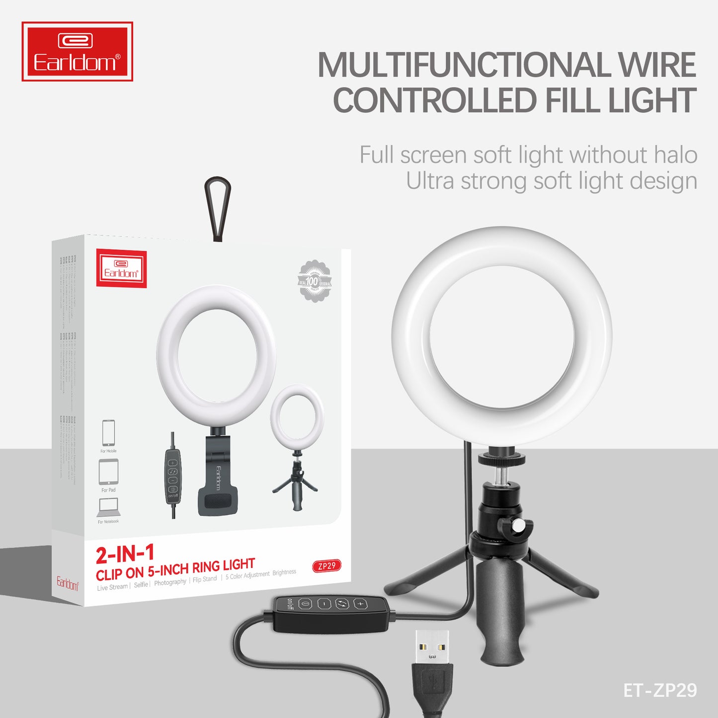 Earldom Clip on 5 inch Ring Light Black ET-ZP29