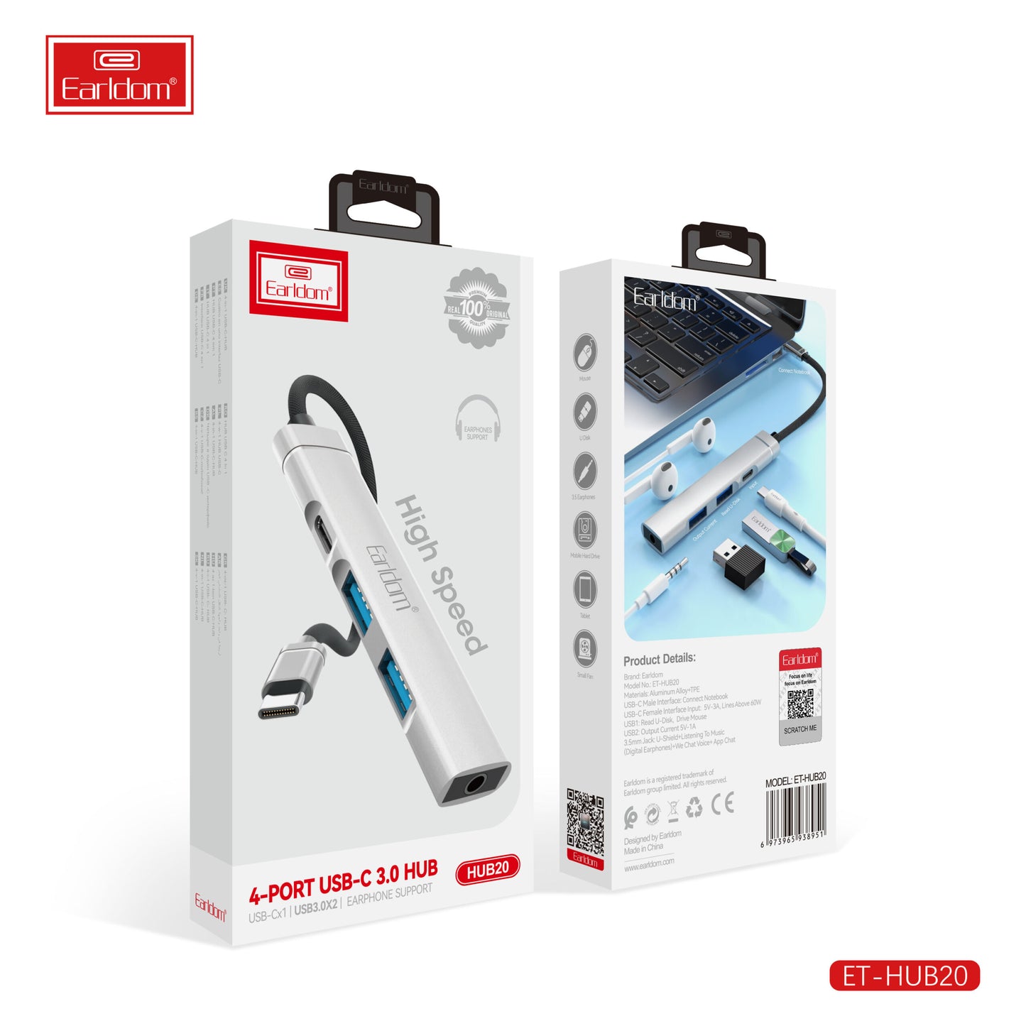 Hub USB-C 3.0 Earldom à 4 ports - 1 port USB-C | 2 ports USB 3.0 | Argent | Compatible avec les écouteurs HUB20