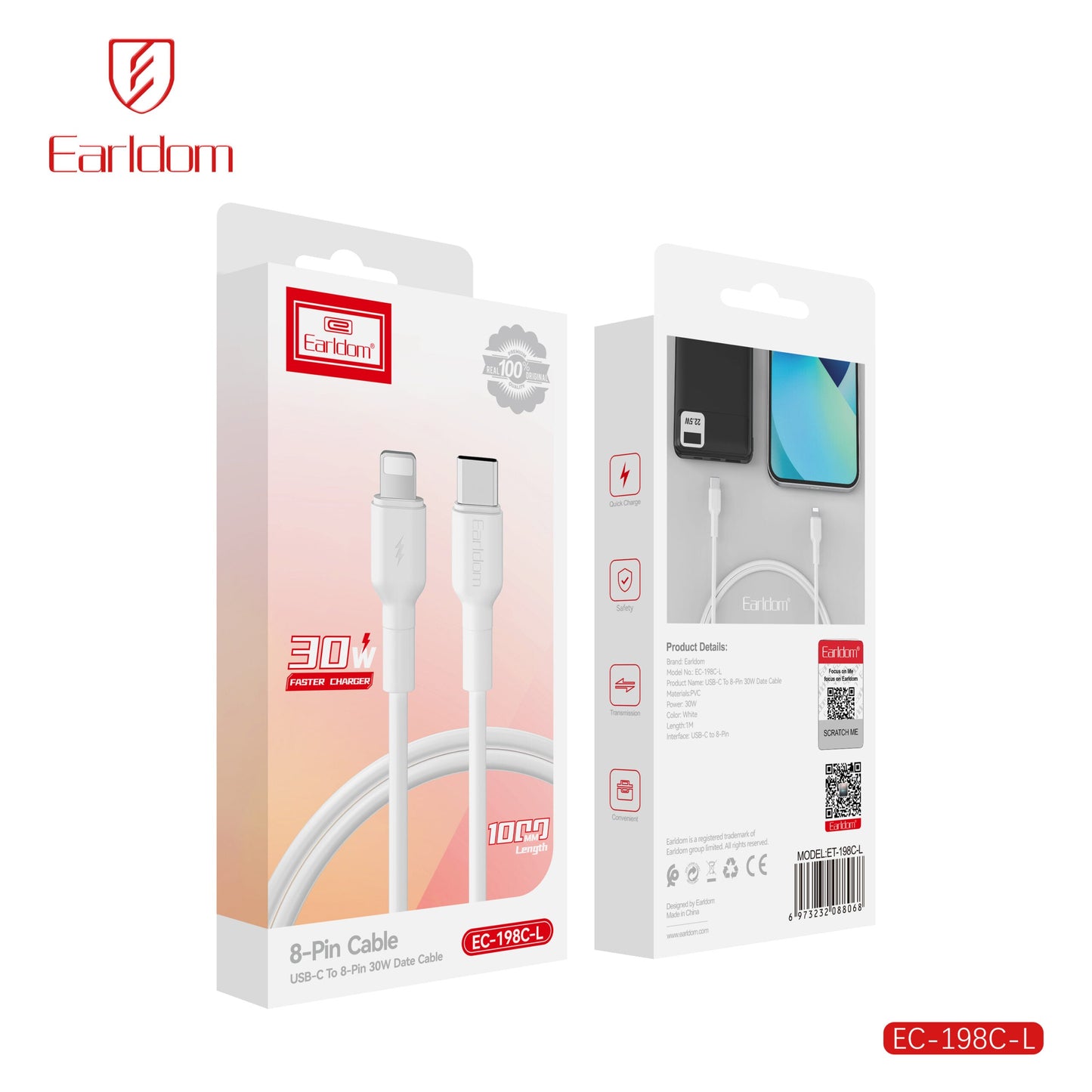 Earldom USB-C To 8-Pin 30W Data Cable EC-198 C-L (type c-lightning) 1 METER White