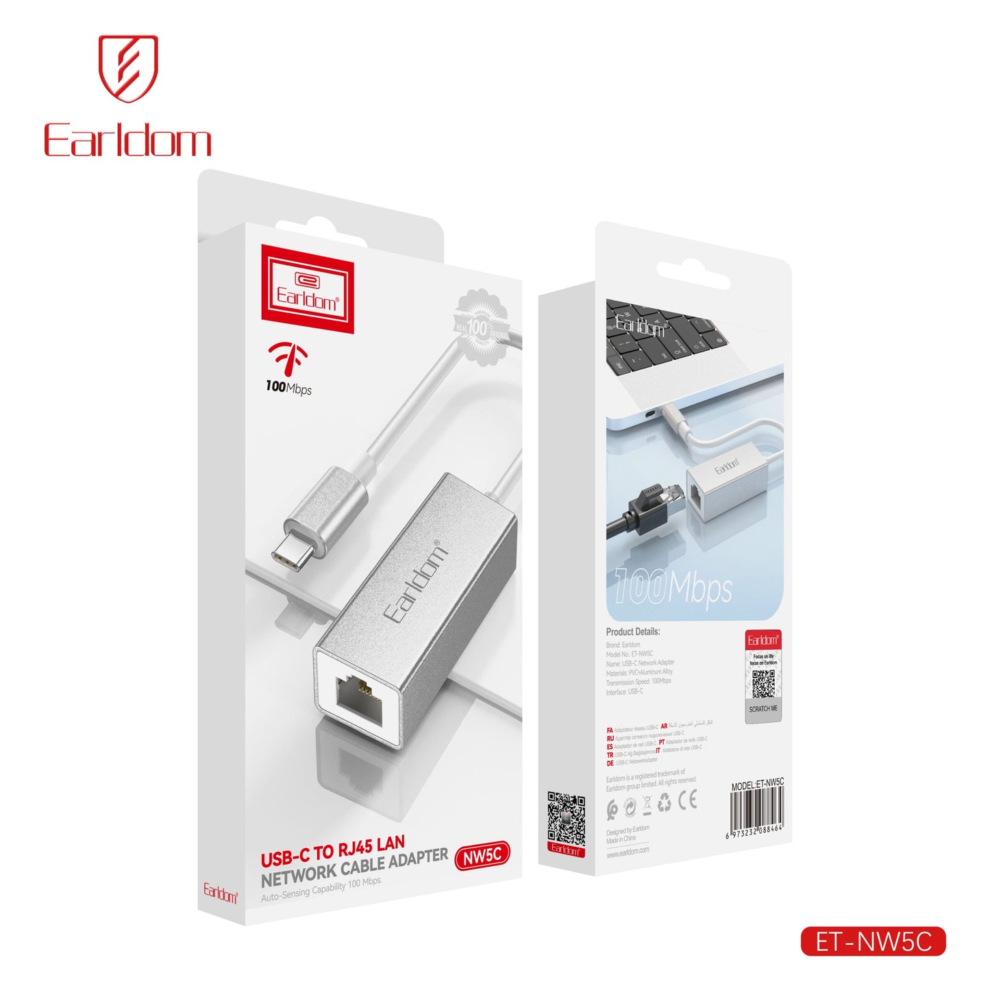 Earldom USB-C to RJ45 Network Cable Adapter 100Mbps NW5C Silver