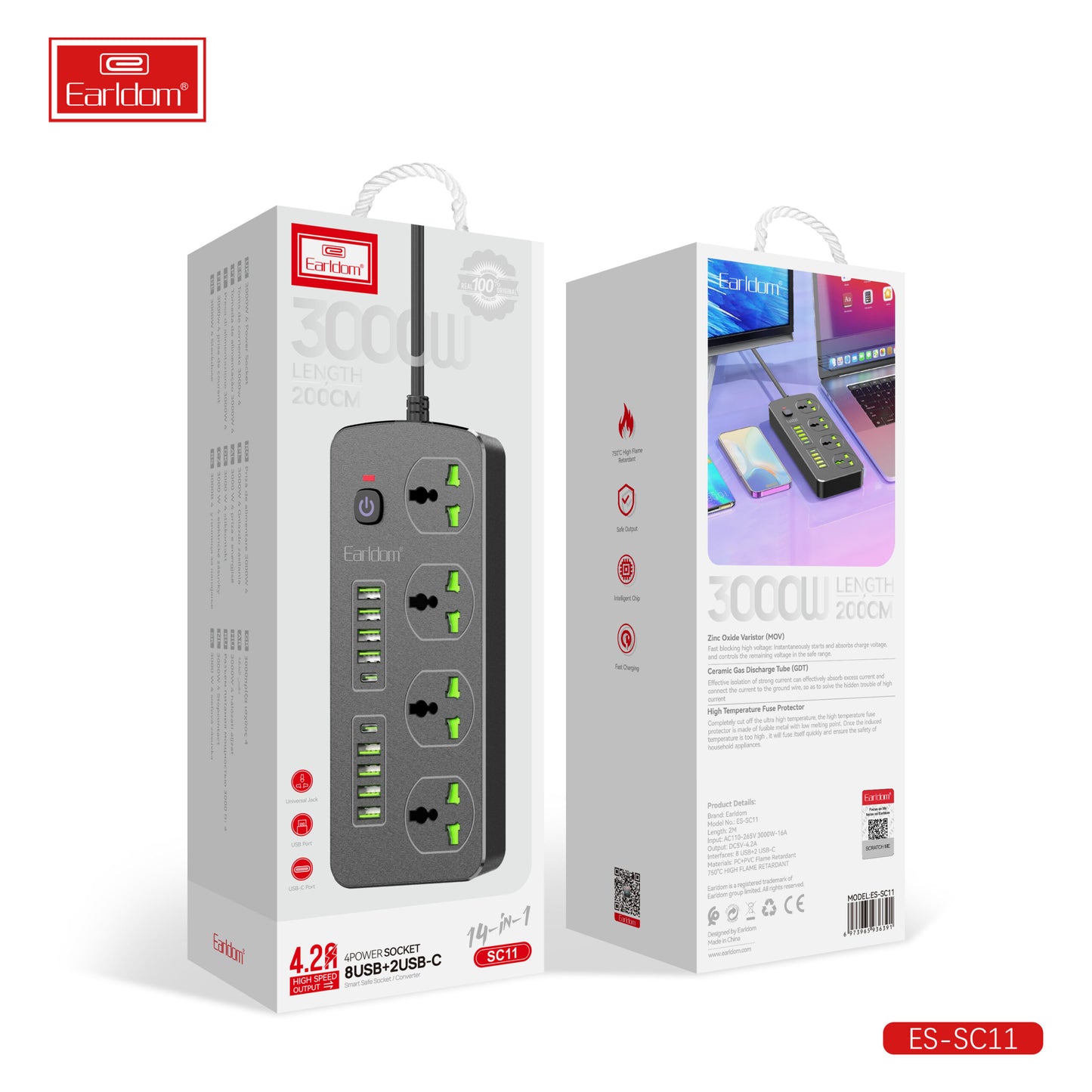 Prise secteur Earldom 3,1 A 4 ports USB + 2 ports USB-C SC14EU Noire