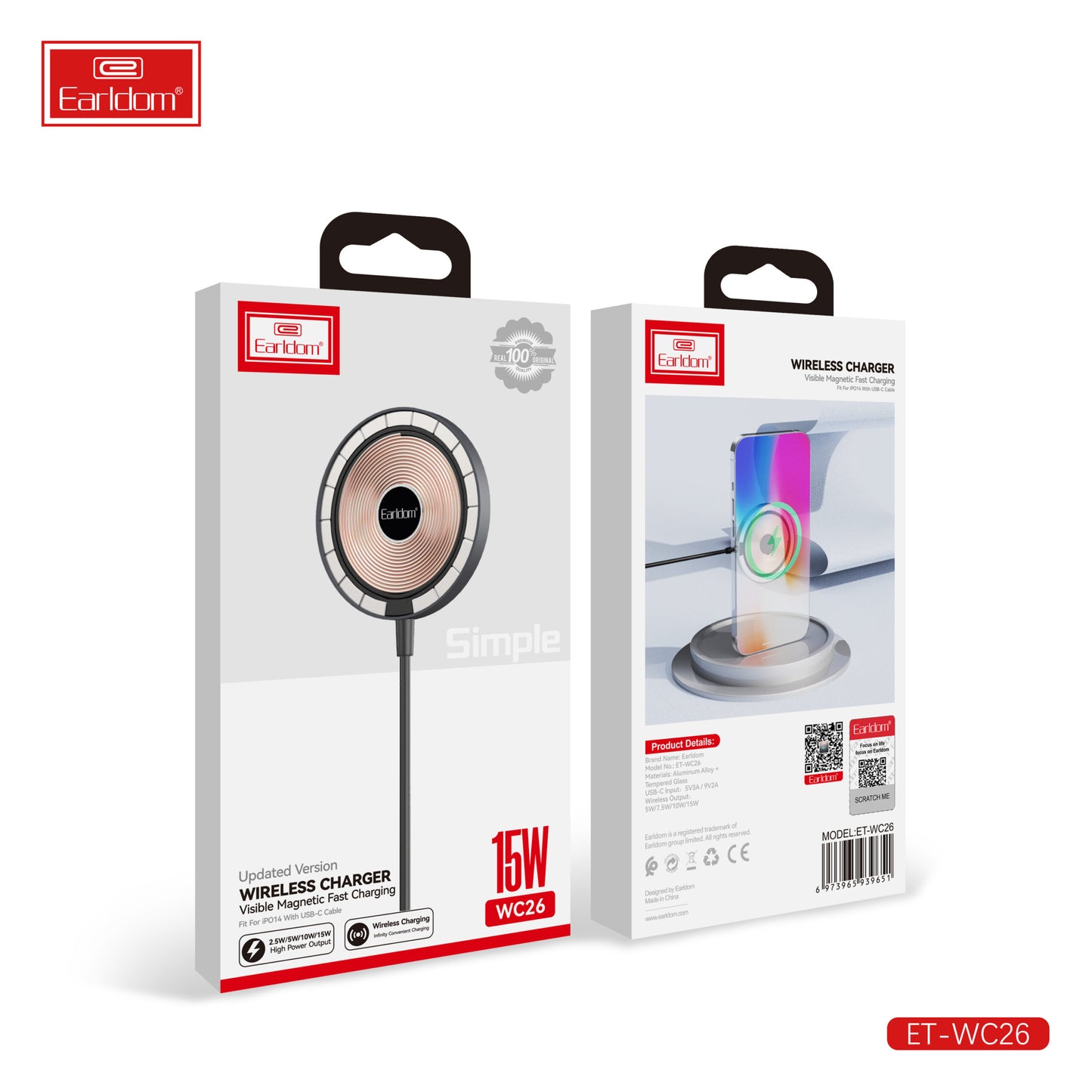 Chargeur sans fil Earldom 15W Noir à charge magnétique rapide visible (WC26)