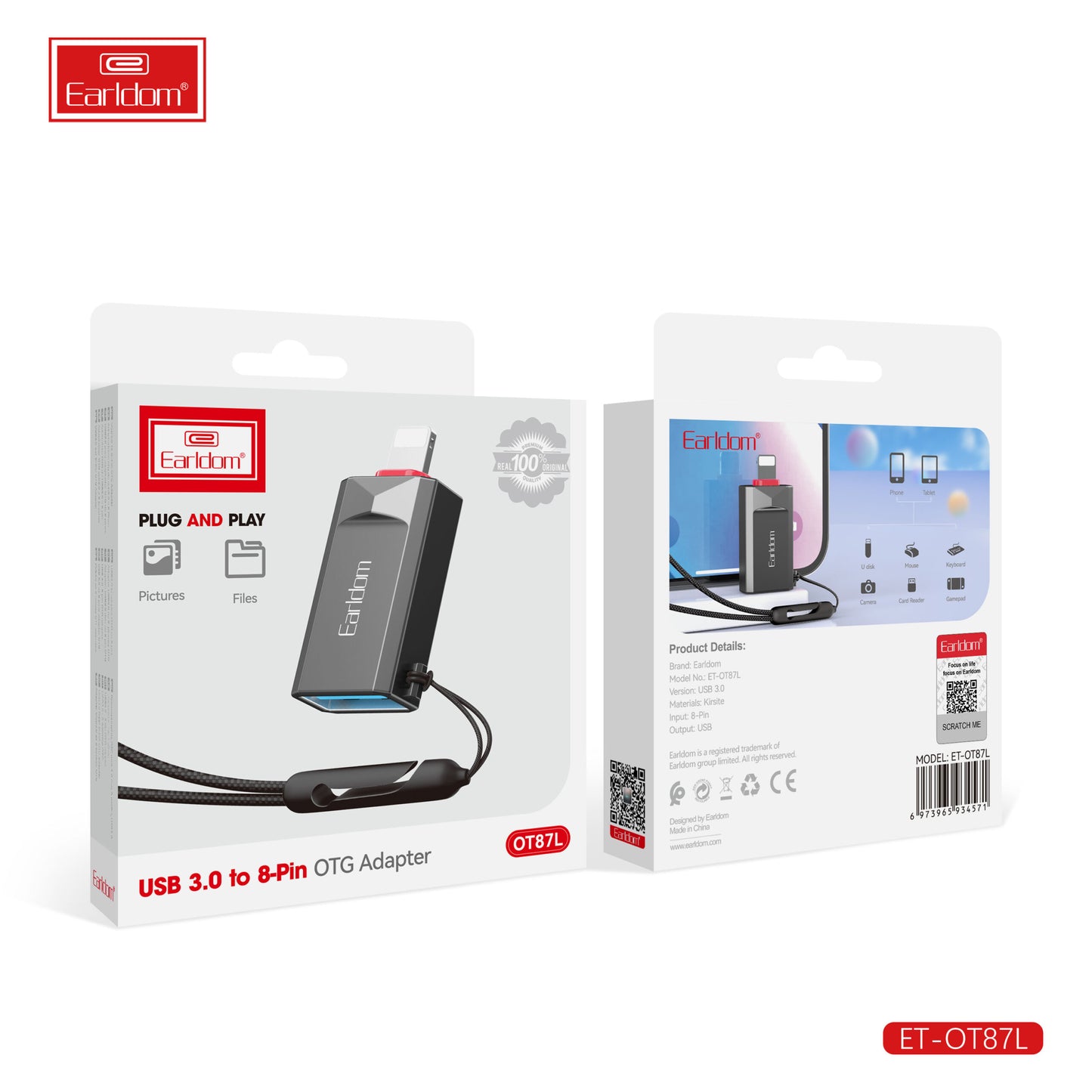 Câble adaptateur/rallonge OTG 2-en-1 Earldom OT83 Gris