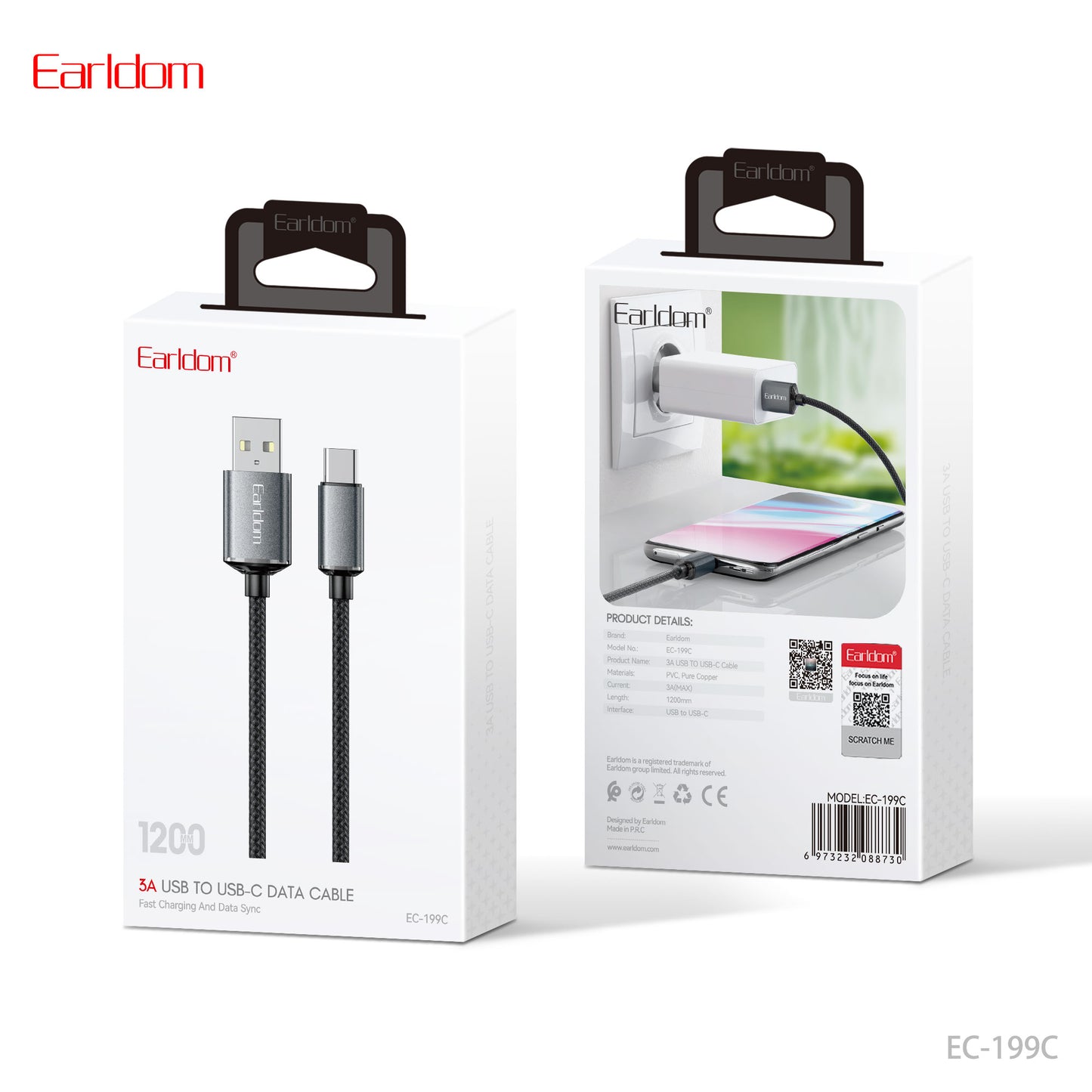 Earldom 5A USB to USB-C Data Cable ABS+silicone White EC-199C