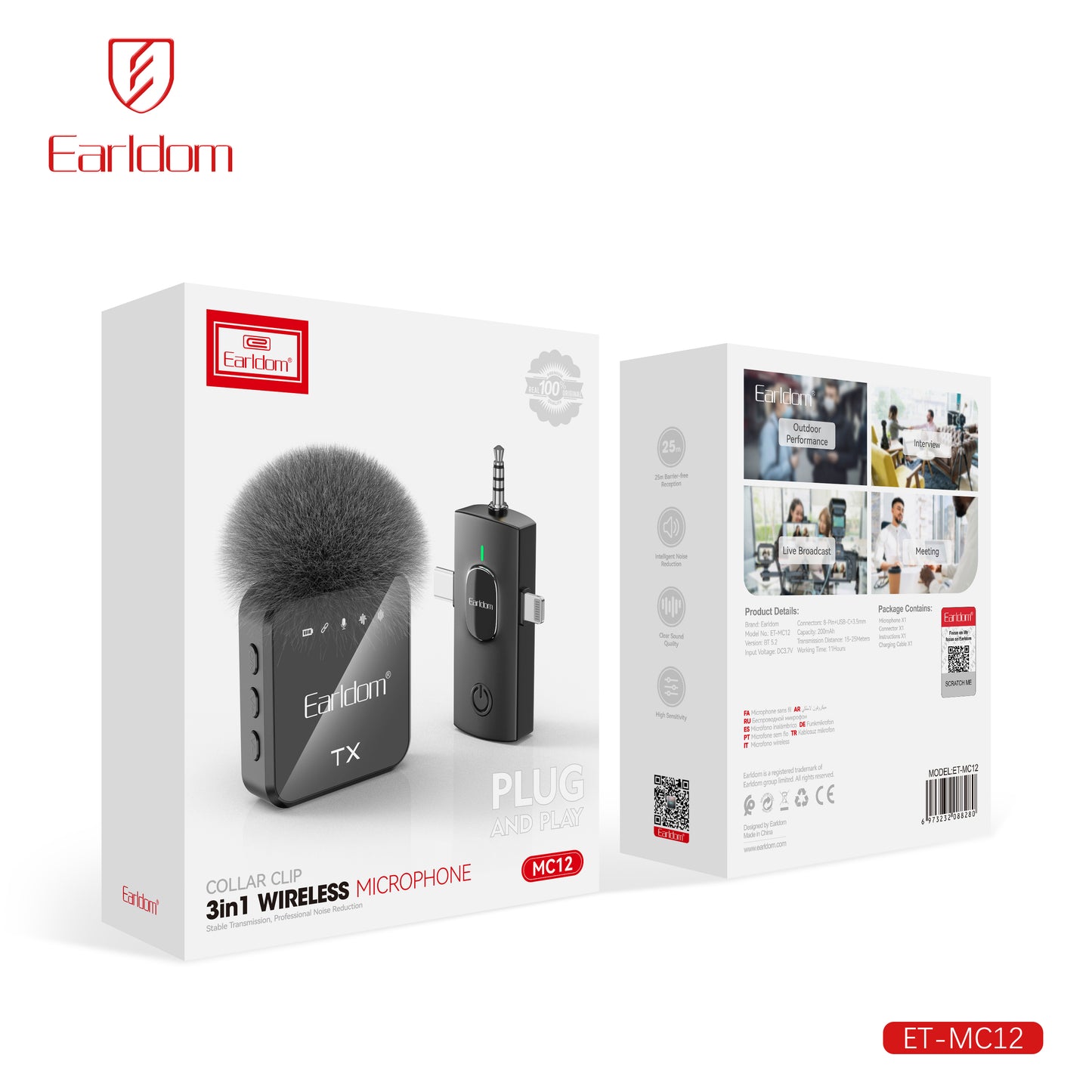 Earldom Collar Clip 3in1 Wireless Microphone Black ET-MC12