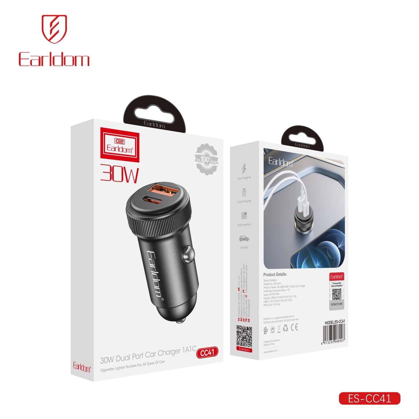 Earldom 30W Dual Port Car Charger 1A1C Black ES-CC41