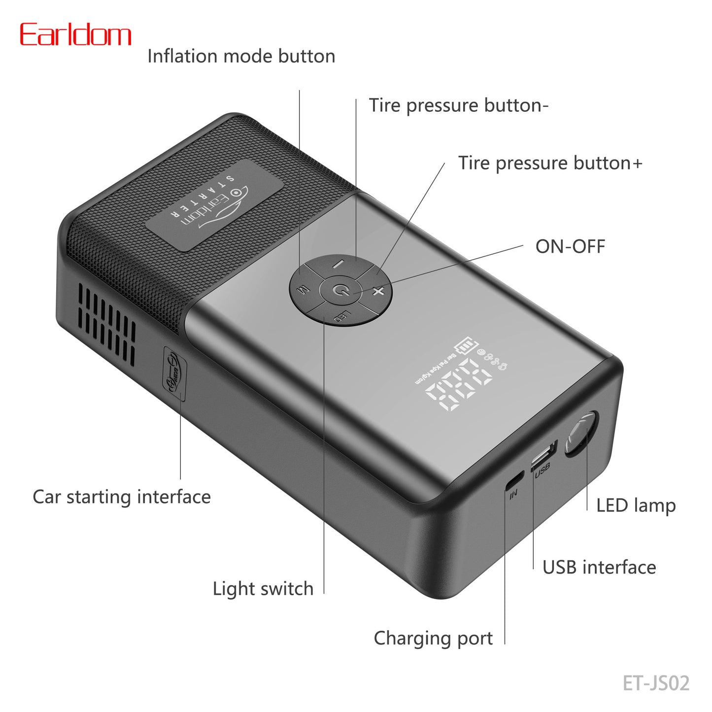 Earldom 2-in-1 Jump Starter & Air Pump Black ET-JS02