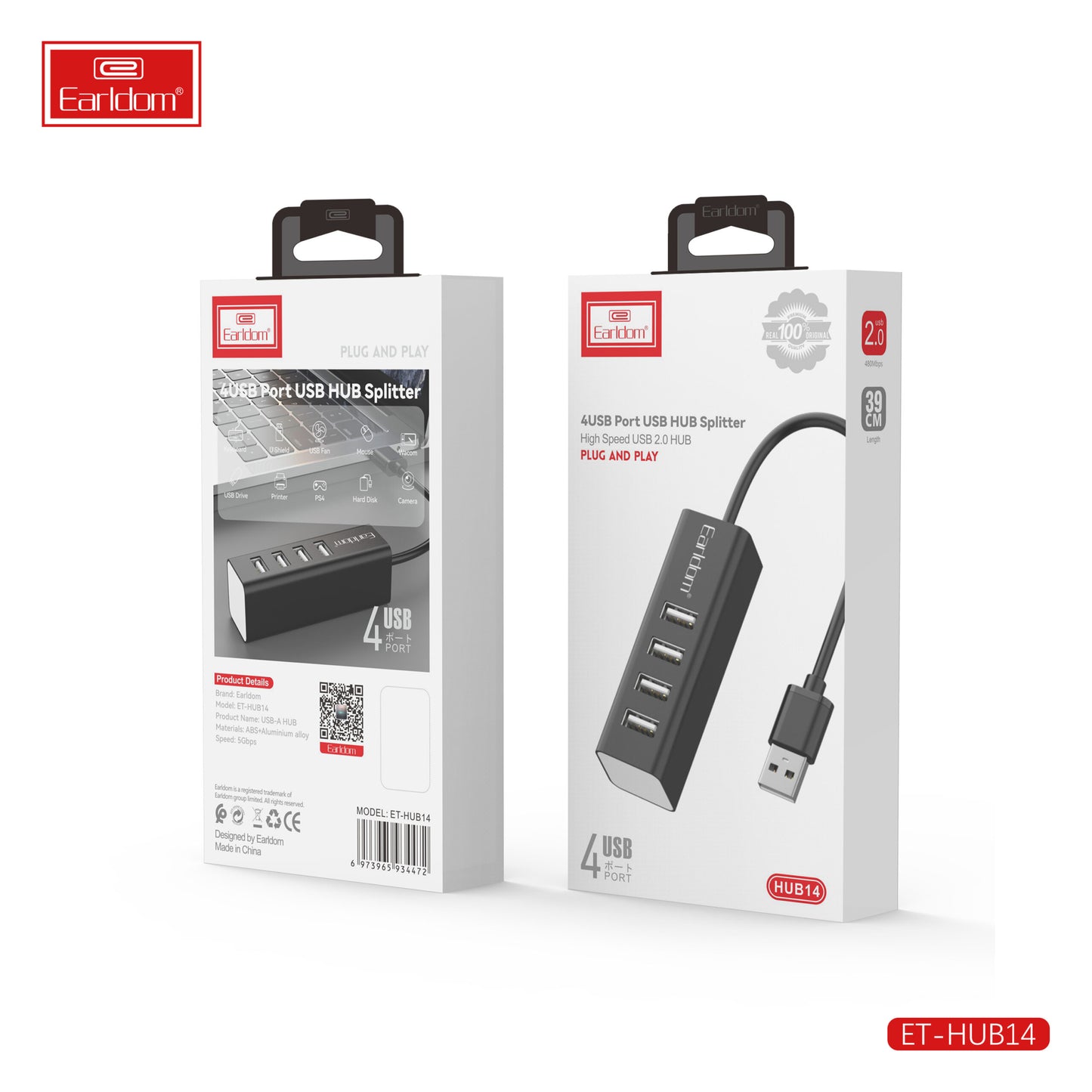 Earldom Hub USB 4 ports, répartiteur USB 2.0 haute vitesse, Plug and Play, 39 cm, noir | HUB14