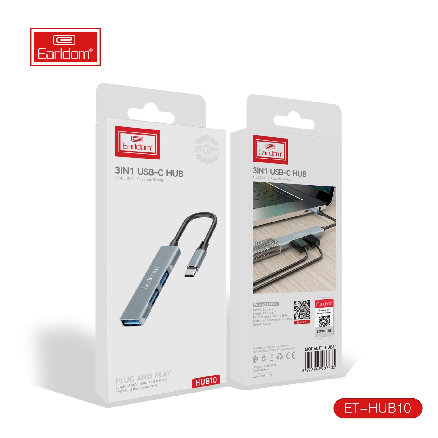 Earldom Hub USB-C 3 en 1 | Hub 3.0 x3 | Compatible 5 Gbit/s - Argent | Hub 10