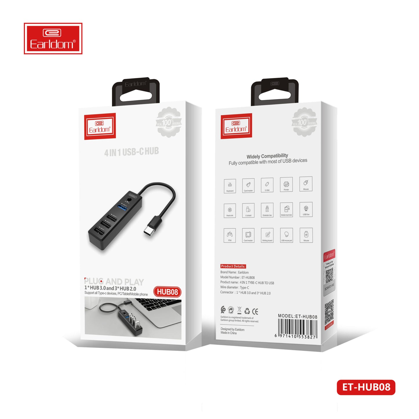 Hub USB-C 4 en 1 Earldom Noir - HUB08