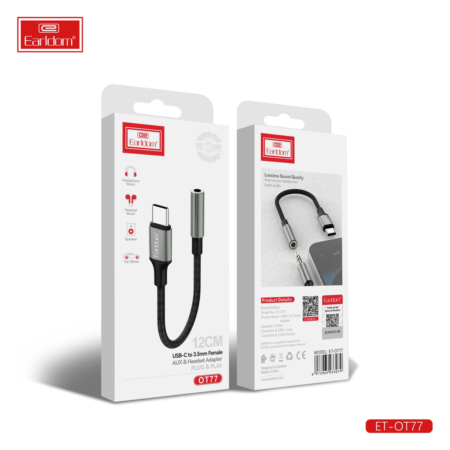 Adaptateur Earldom 8 broches vers prise auxiliaire femelle 3,5 mm et casque OT76 noir