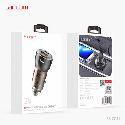 Earldom 30W USB+USB-C Quick Car Charger Black Without Cable CC31