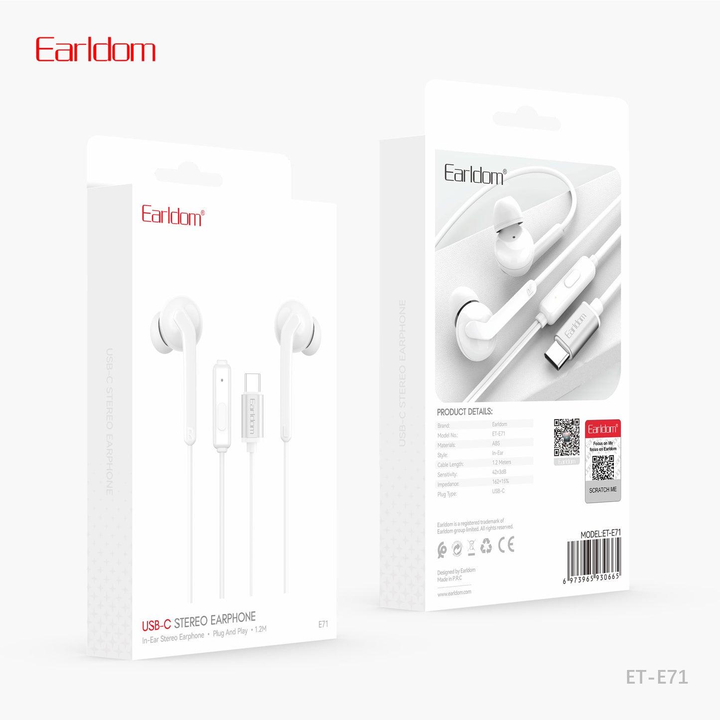 Earldom Earphones For USB-C White ET-E71C