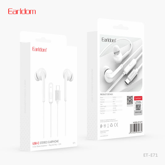 Earldom Earphones For USB-C White ET-E71C