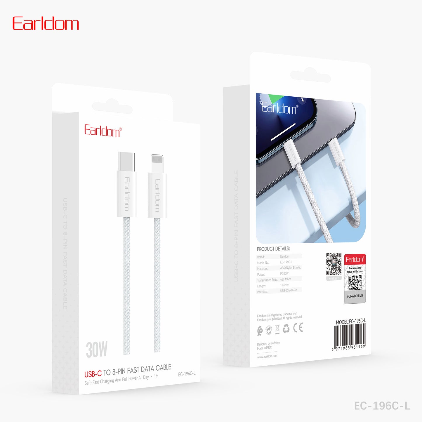 Earldom 30W USB-C to 8 Pin Fast Data Cable White EC-196 C-L