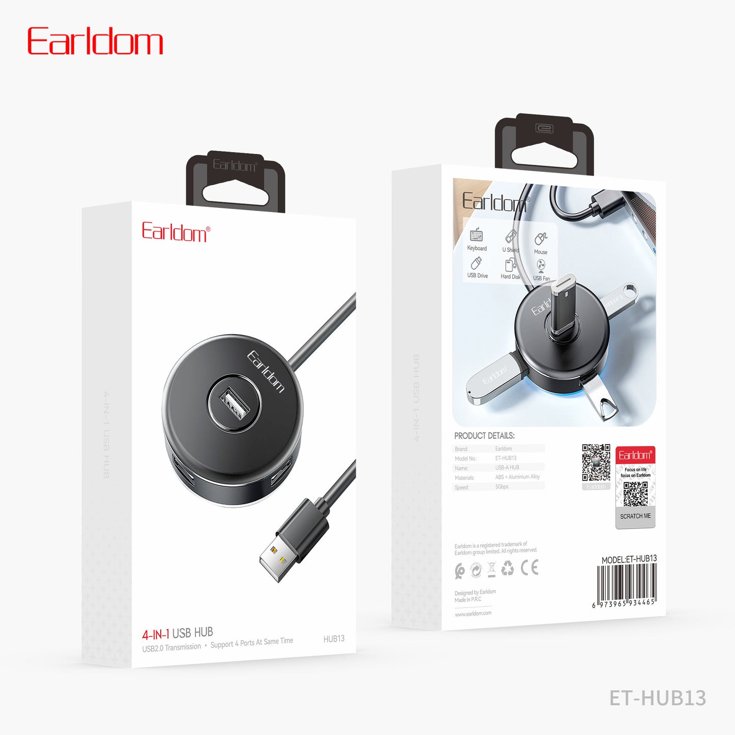 Earldom 4USB Port USB Hub Splitter Plug & Play Black ET-HUB13