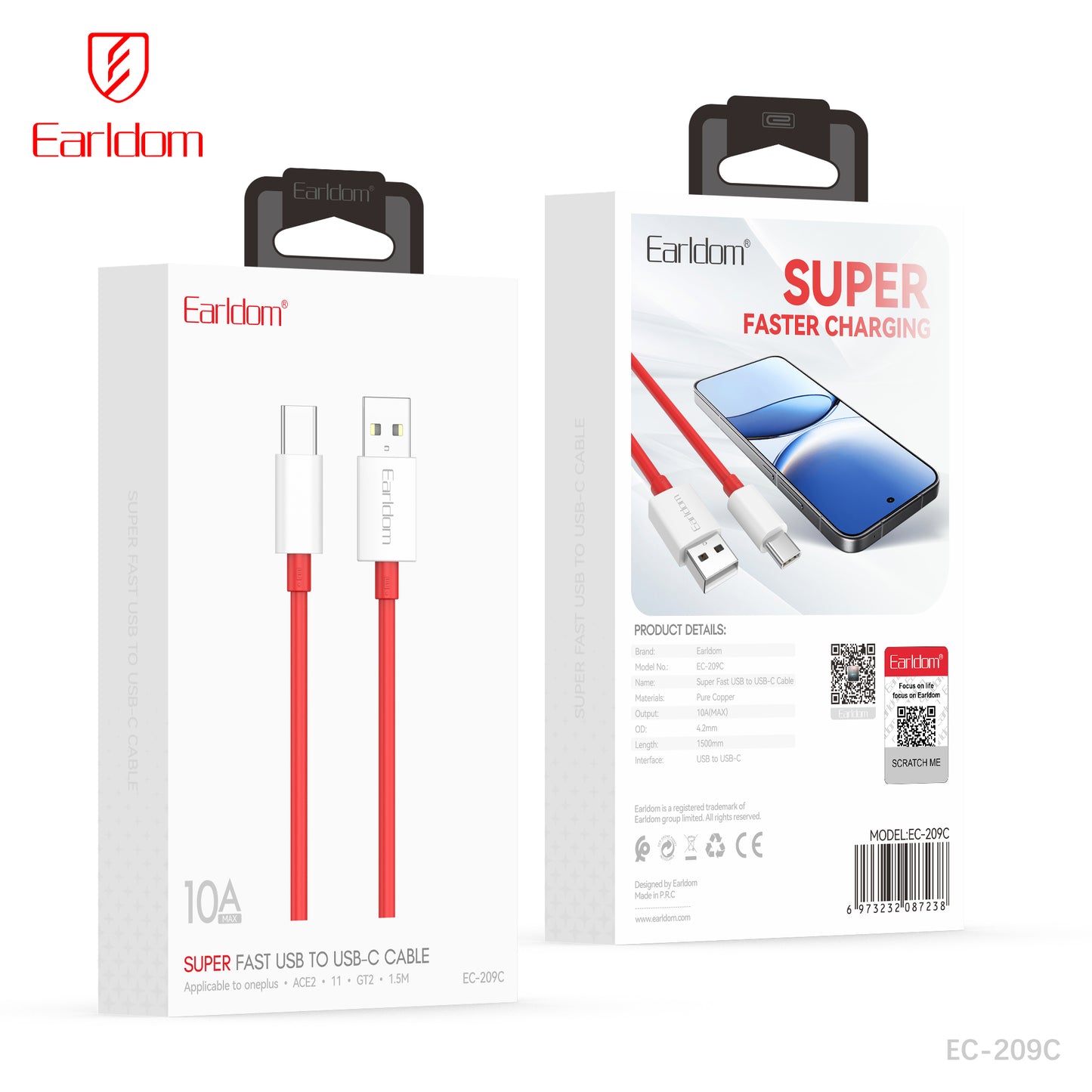 Earldom 10A Super Fast USB to USB-C Cable Red EC-209C