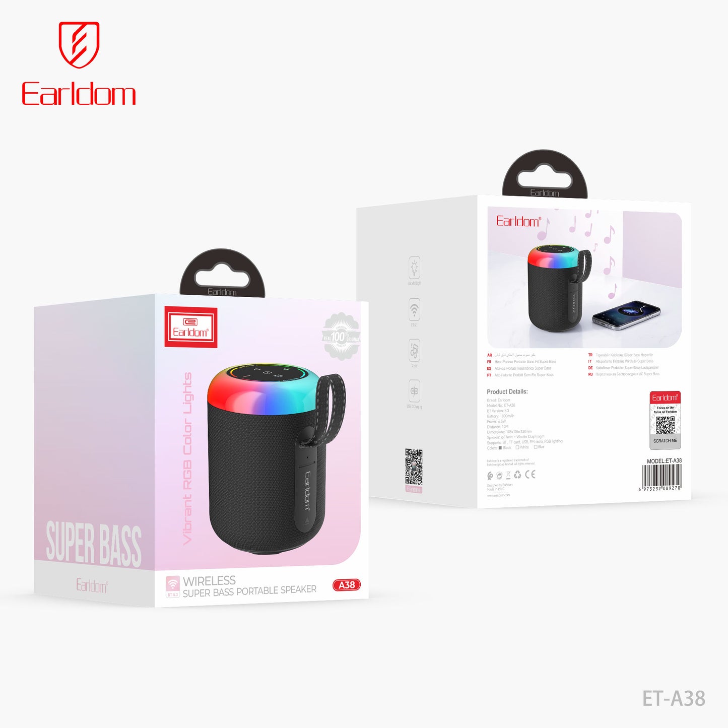 Earldom RGB Color Lights Wireless Super Bass Portable Speaker Black ET-A38