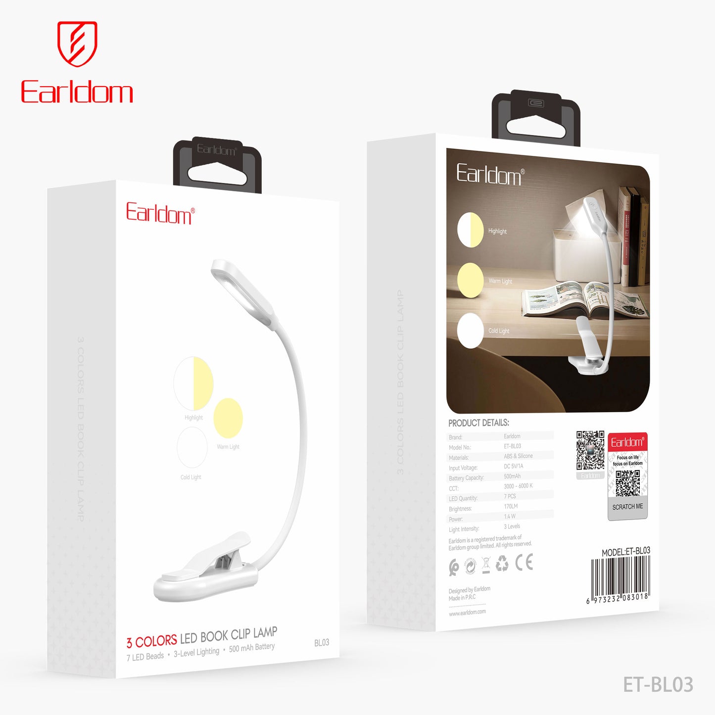 Earldom 3 Colors Led Book Clip Lamp White ET-BL03