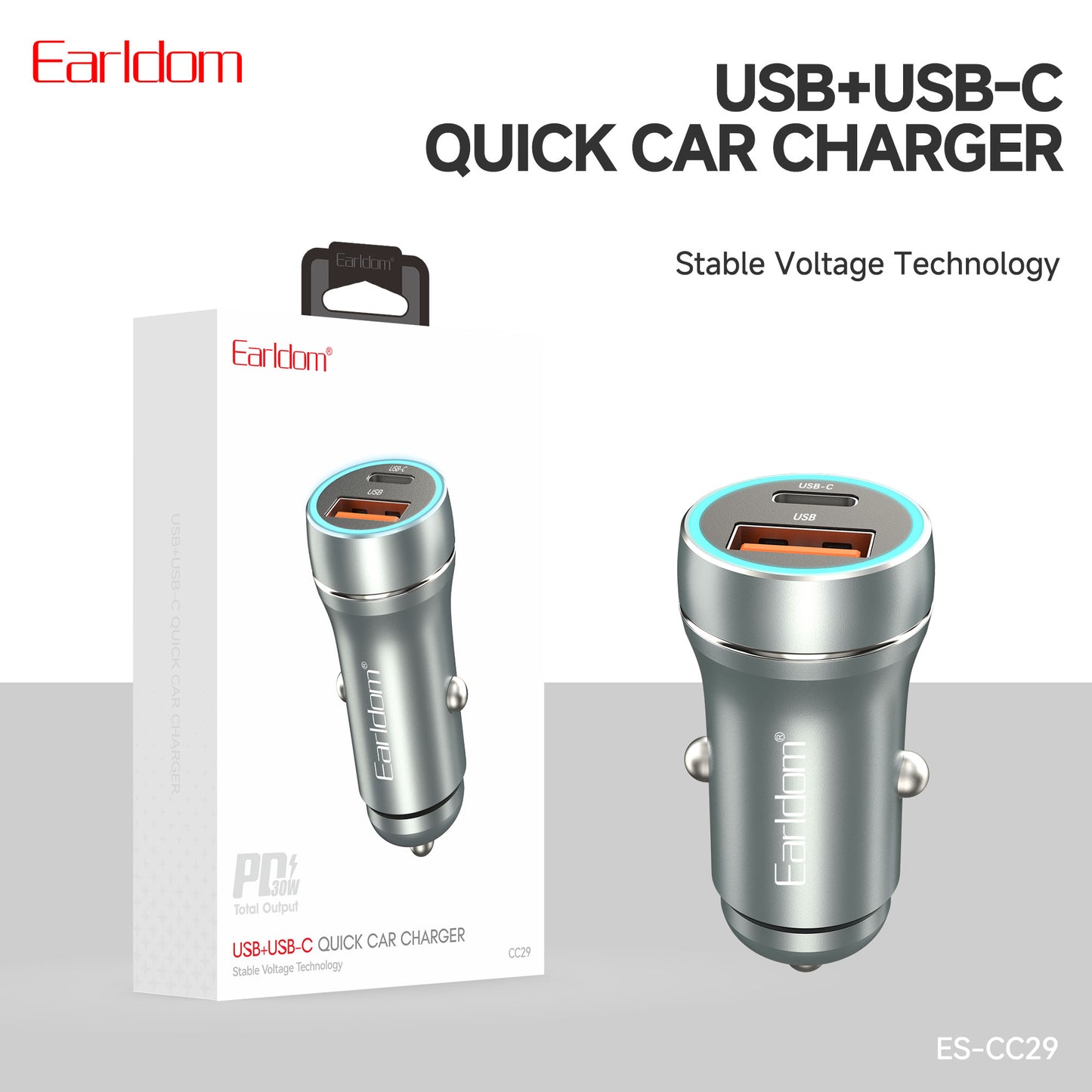 Earldom USB+USB-C Quick Car Charger Grey PD 30W ES-CC29