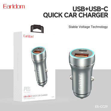 Earldom USB+USB-C Quick Car Charger Grey PD 30W ES-CC29