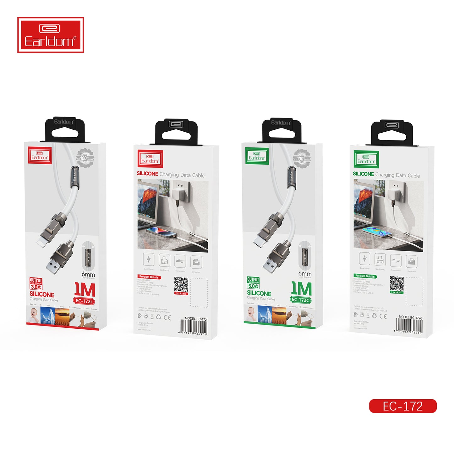 Câble de données de charge Earldom en silicone blanc 6 mm 1 m EC-172I