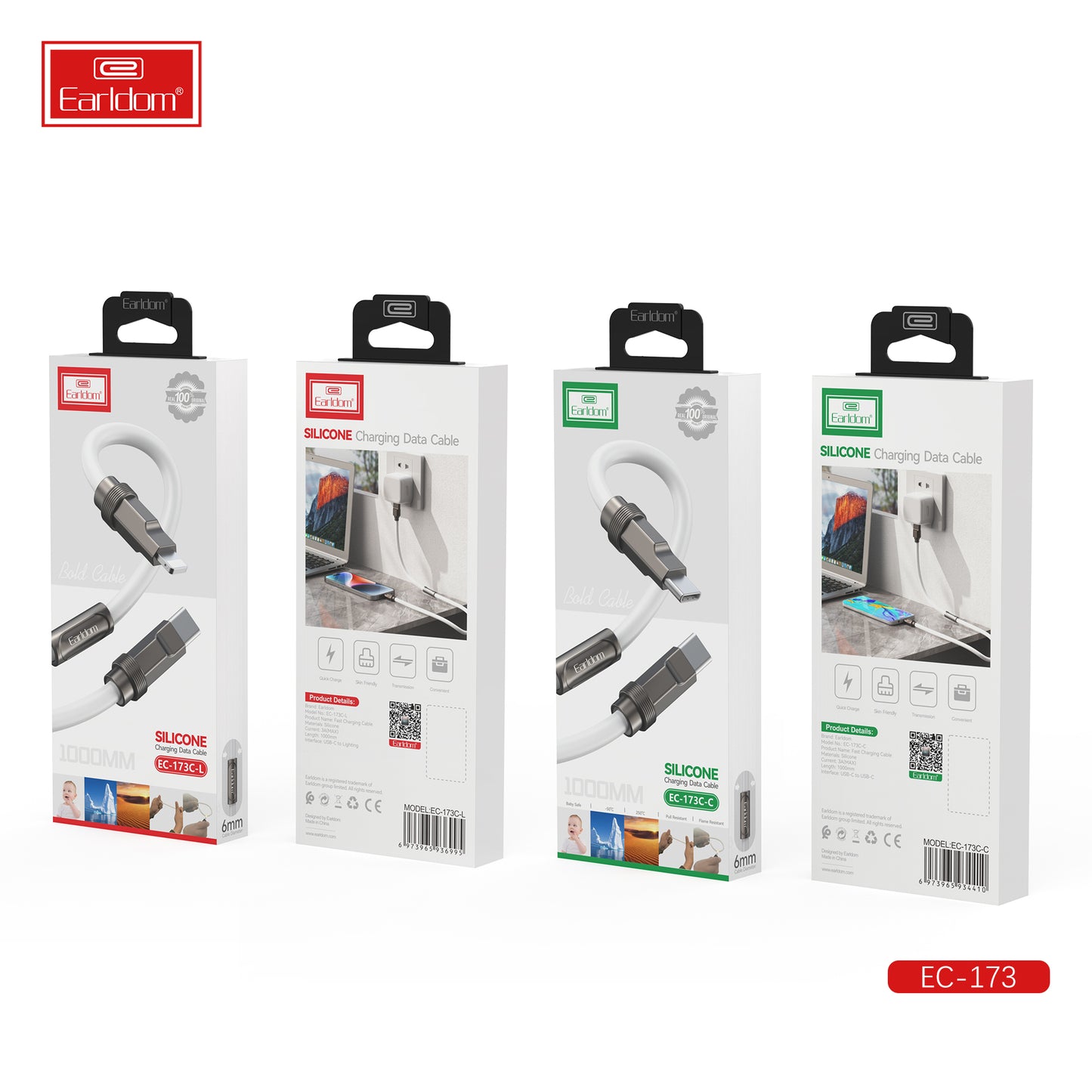 Câble de données de charge en silicone Earldom 6 mm, câble épais blanc EC-173 CC