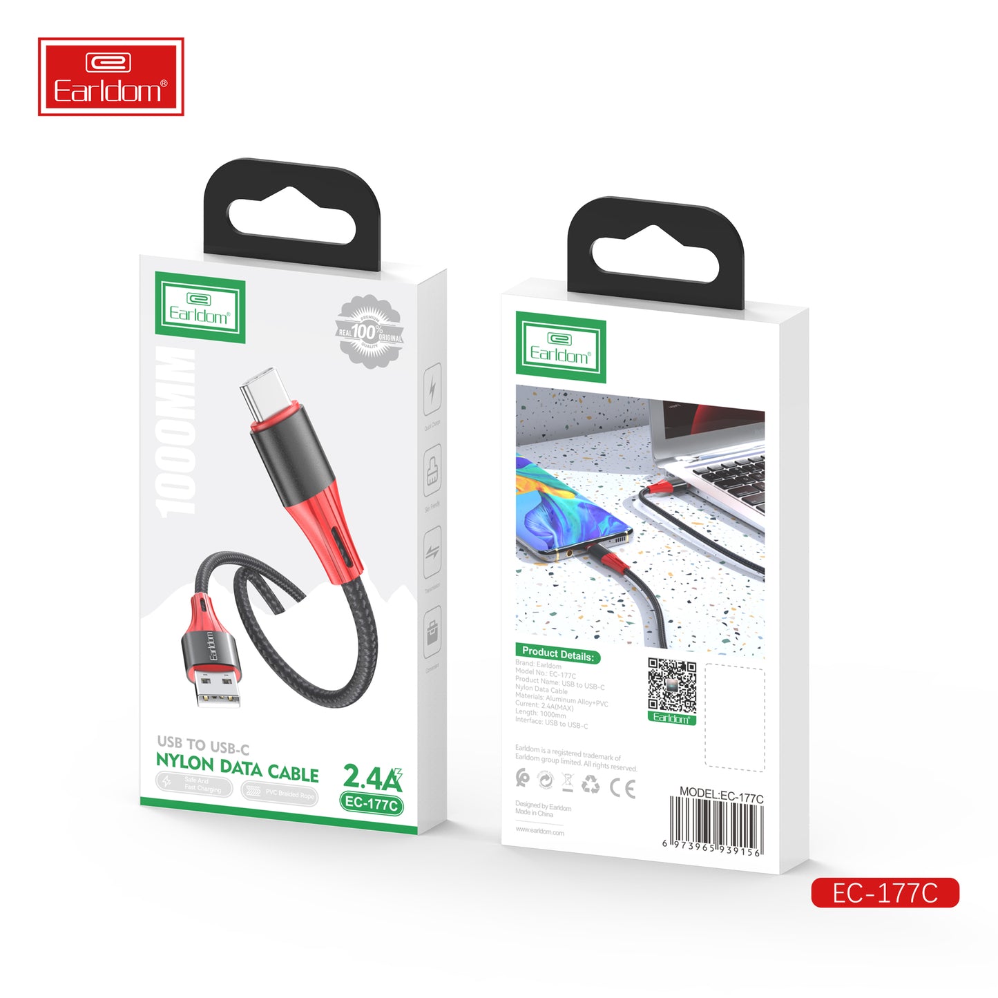 Câble de données Earldom USB vers USB-C en nylon noir 2,4 A EC-177C