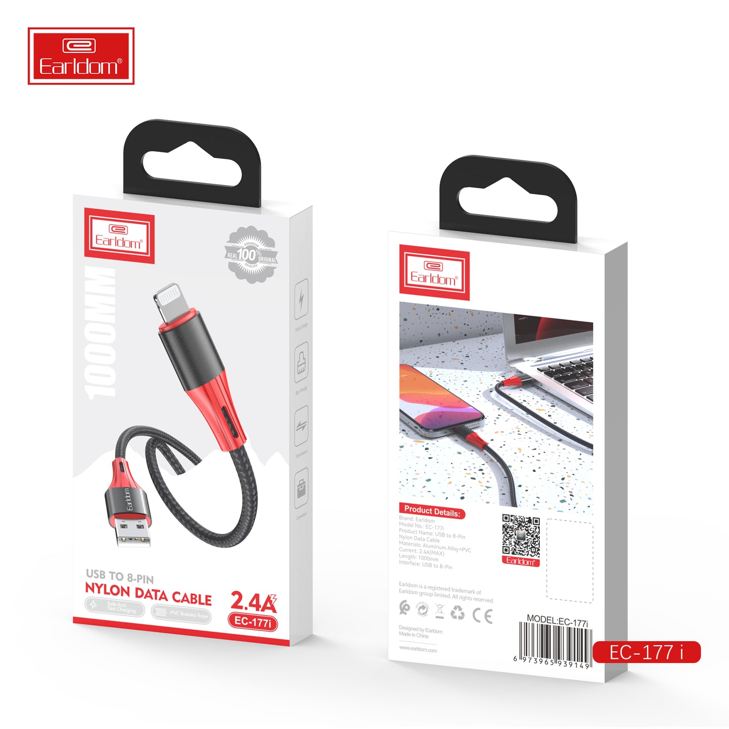 Câble de données Earldom USB vers 8 broches en nylon noir 2,4 A EC-177i