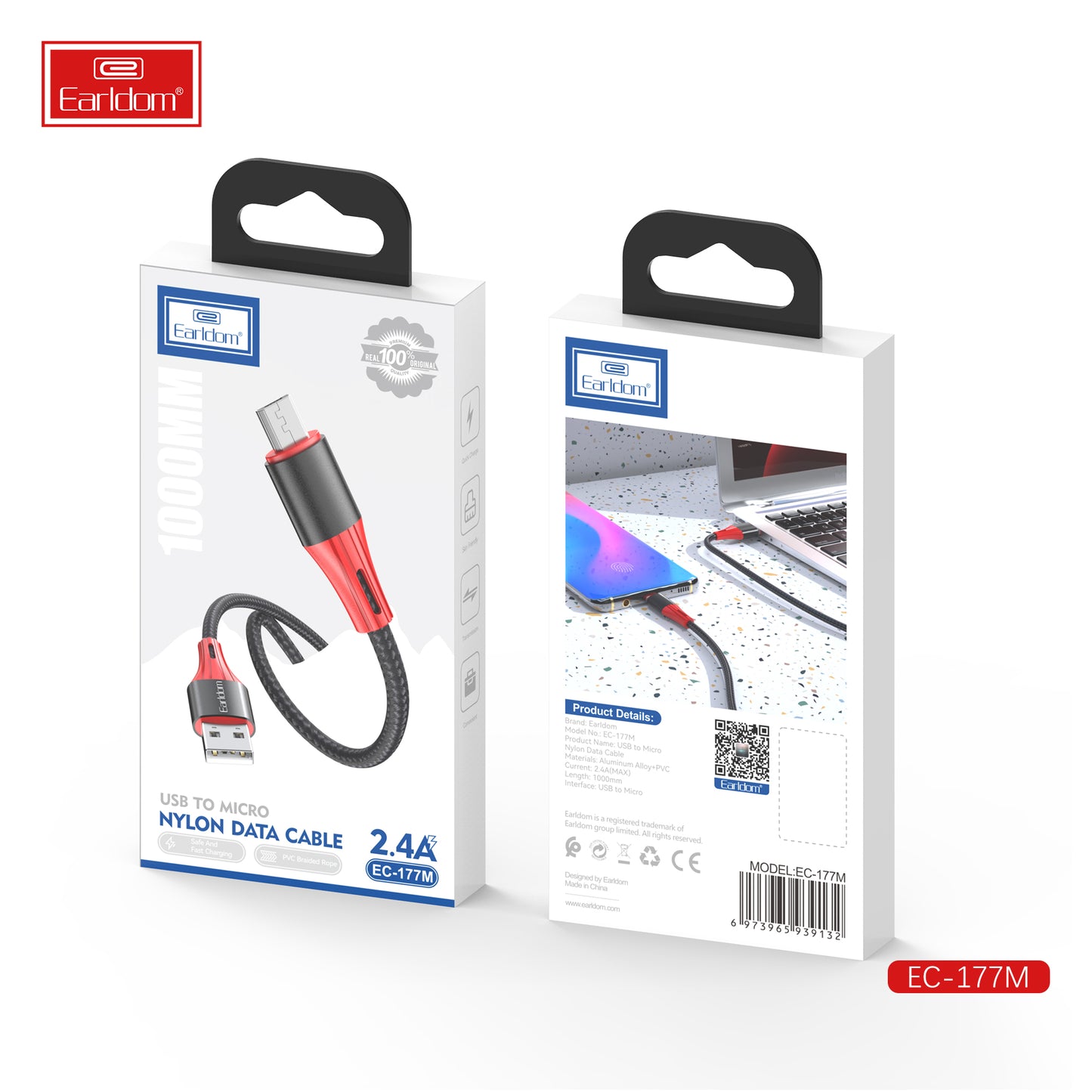 Câble de données Earldom USB vers micro-USB en nylon 2,4 A noir EC-177M