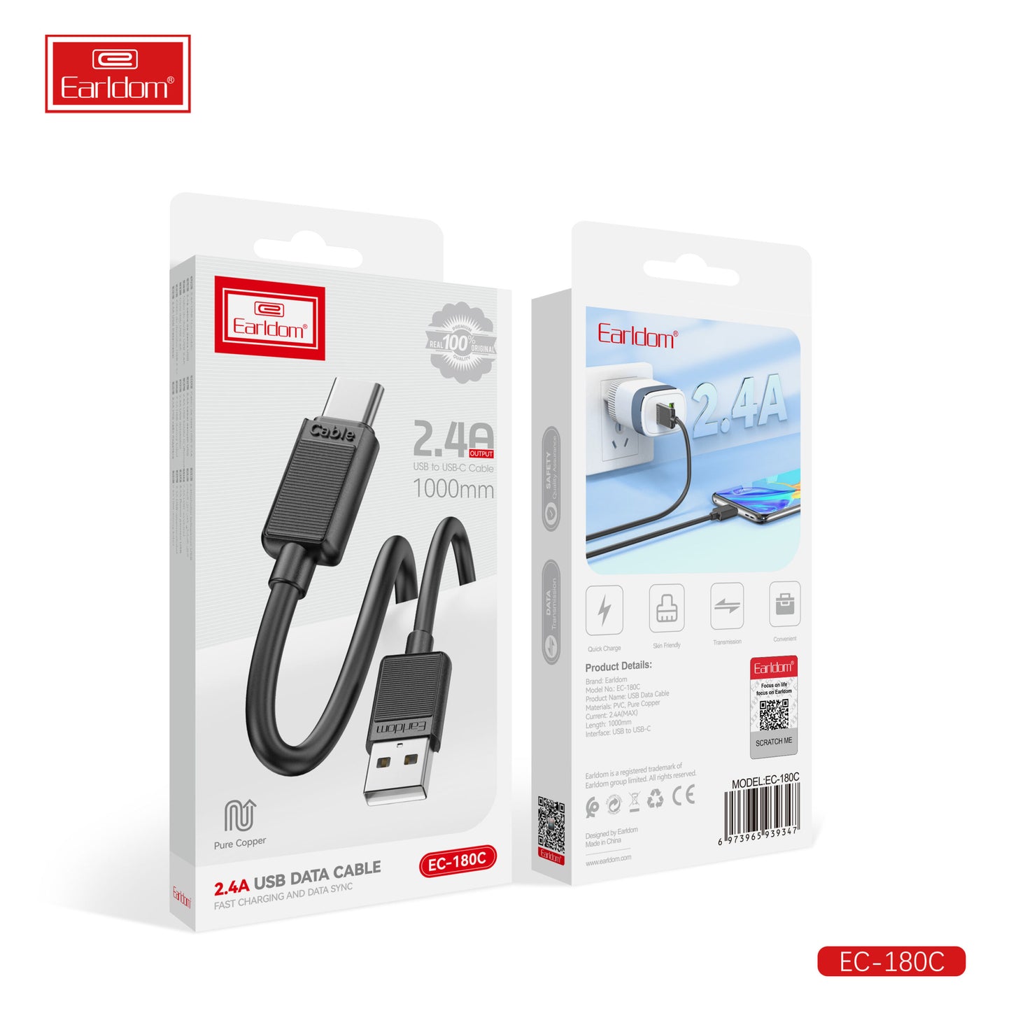 Câble de données USB Earldom 2,4 A, cuivre pur noir EC-180C