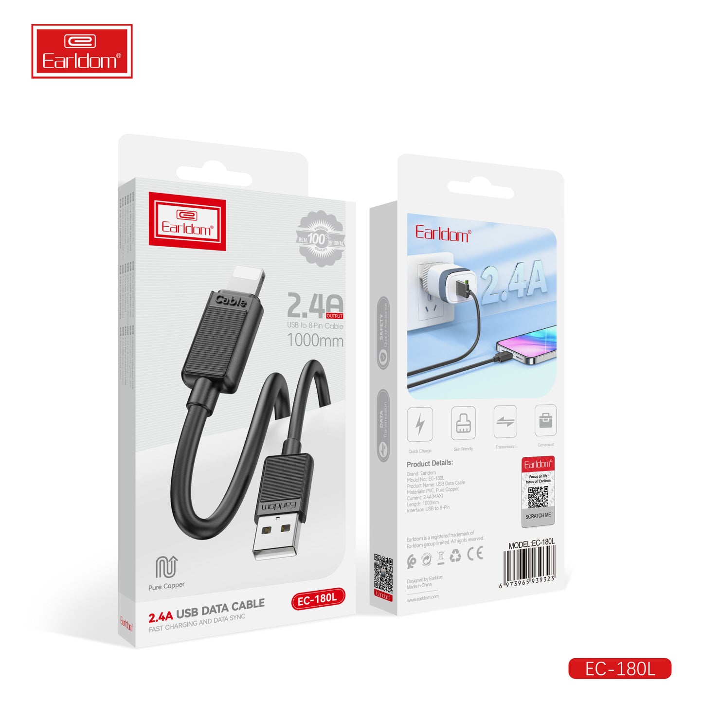 Câble de données USB Earldom 2,4 A, cuivre pur noir EC-180L