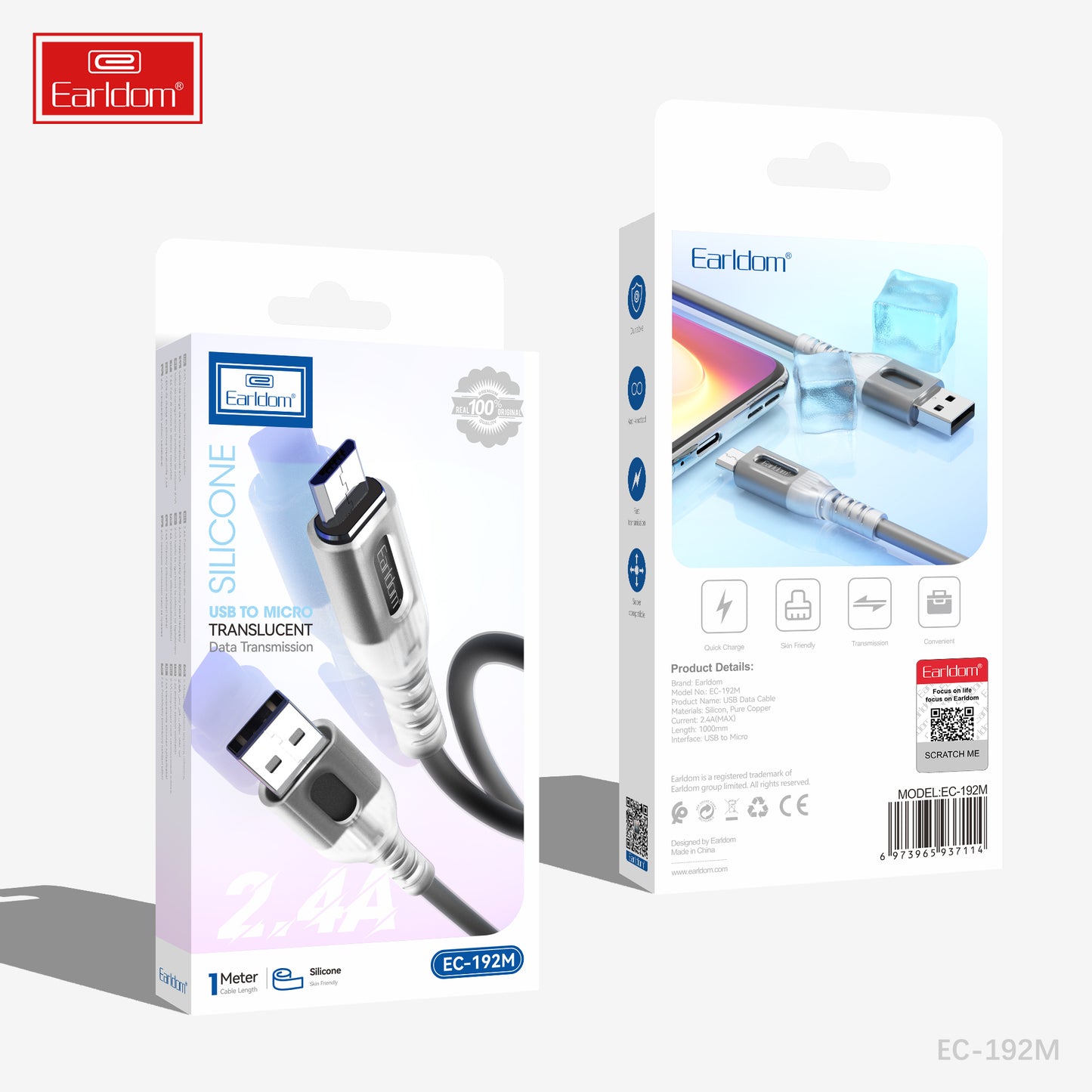 Câble de transmission de données translucide USB vers micro-USB en silicone Earldom, blanc EC-192M