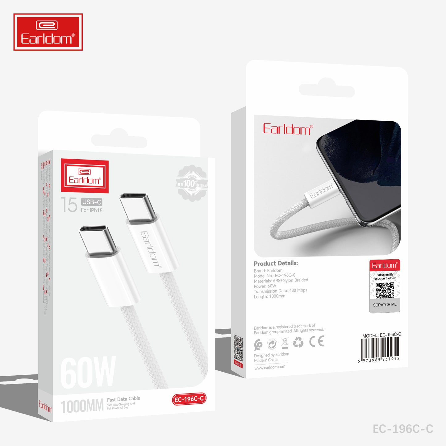 Câble de transmission de données translucide en silicone blanc Earldom USB vers USB-C EC-192C